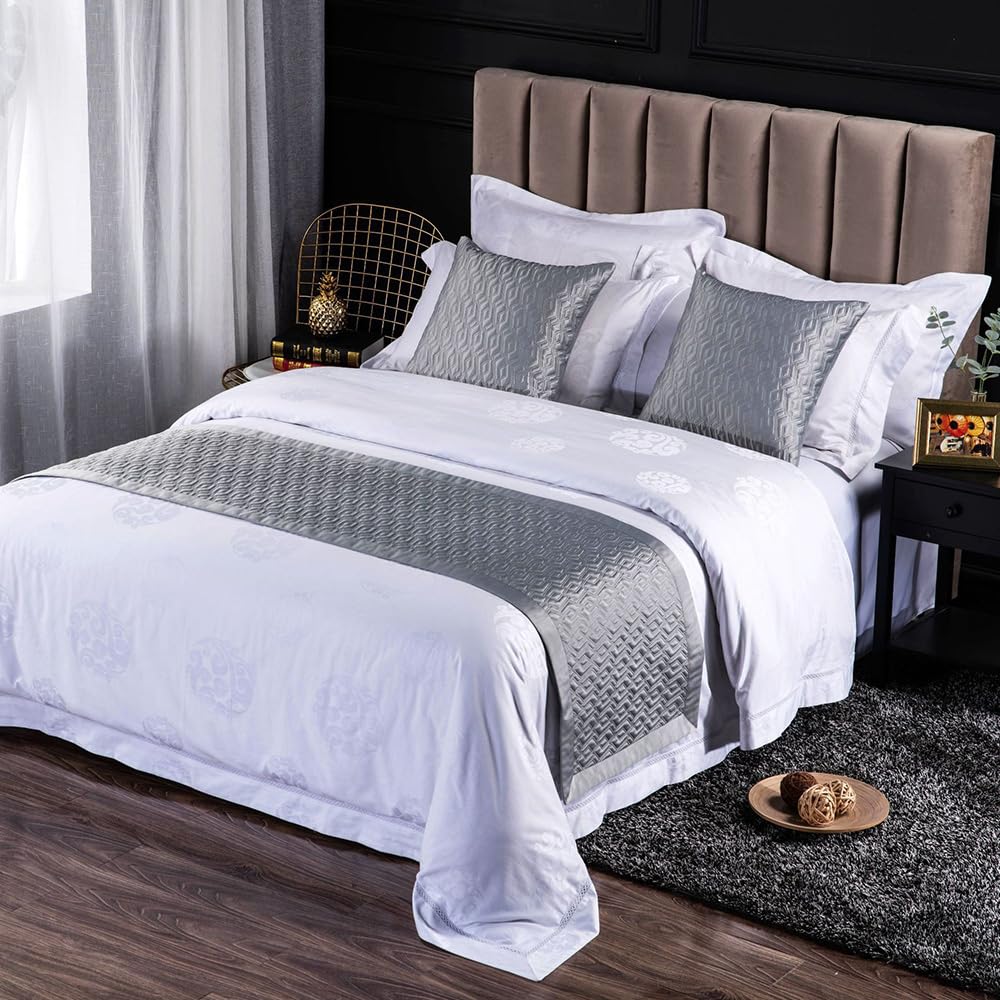 QRGMKL New Solid Color Bed Runners Soft Skin-friendly Bed Scarves High-precision Geometric jacquard Bedding Protector Bedspread for Home Bedroom Hotel-Grey B||210X50cm for 1.5m Bed