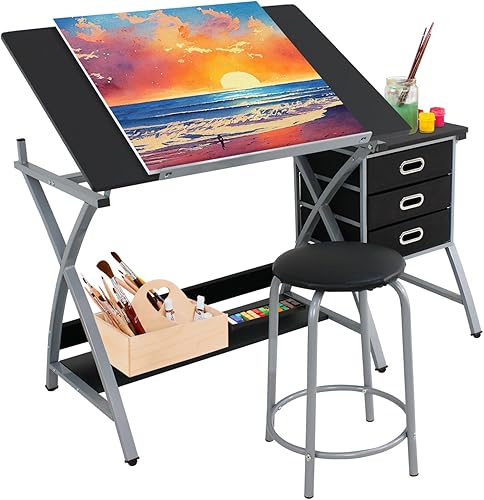 Miniatura 2 de HomGarden Mesa de dibujo con taburete ajustable en altura con 3 cajones de almacenamiento para escritorio de dibujo para pintores artistas, dibujar,