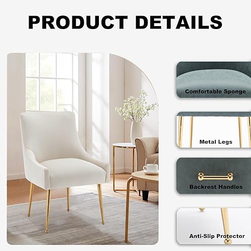 Miniatura 5 de Juego de 2 sillas de comedor, modernas sillas de comedor de terciopelo con patas doradas, sillas decorativas tapizadas para sala de estar,