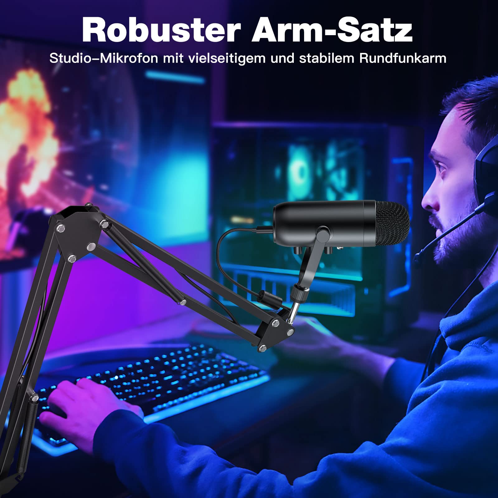 zealsound USB Podcast Mikrofon für PC Handy— mit Rauschunterdrückung, Mute-Taste, Echo für Vocal & Singen Stream, und 2 Adapters & Boom arm, für Gaming, YouTube, Kompatibel mit iPhone, Mac & PS5