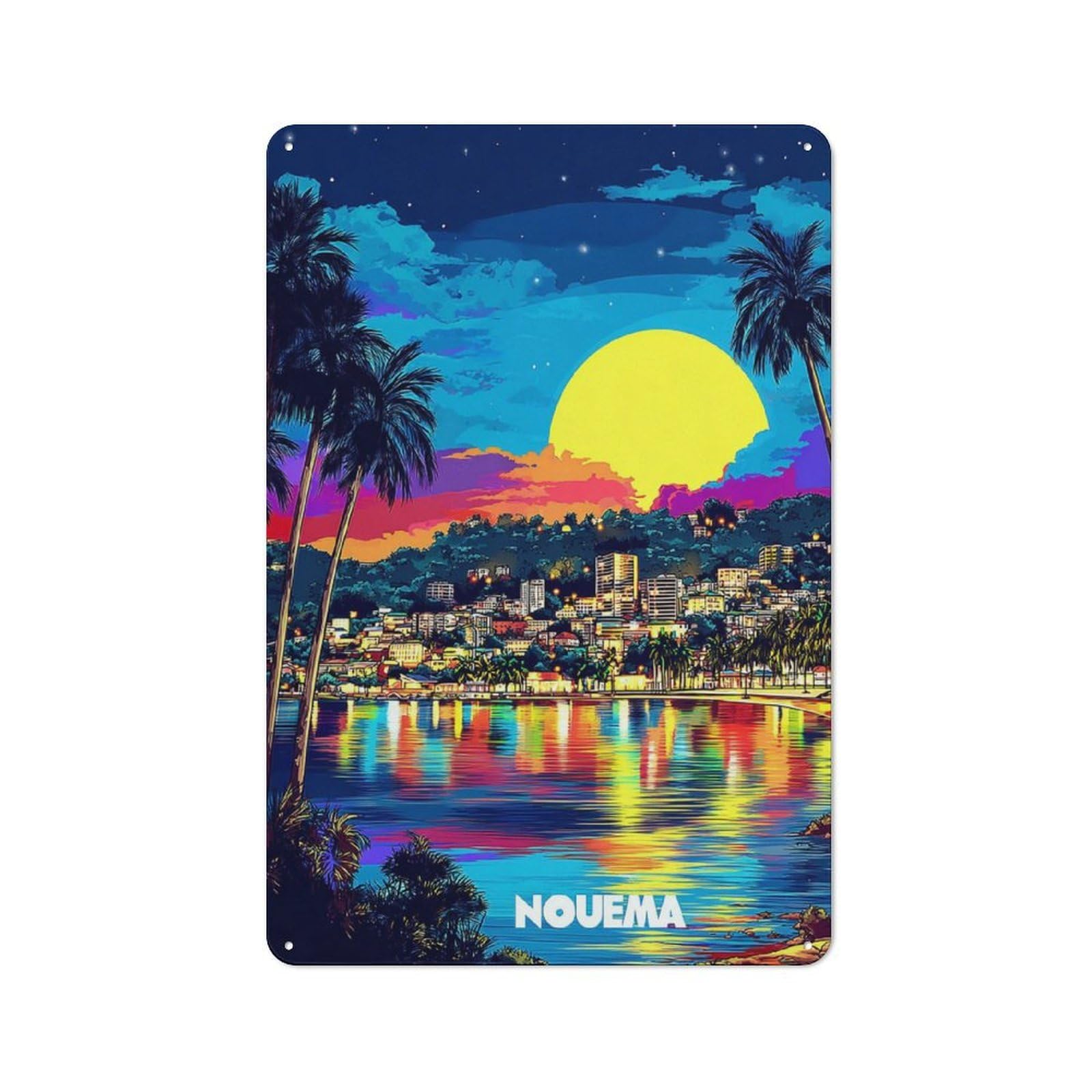 Junmoney Vibrant Sunset Over Tropical Cityscape Classic Metal Sign 30X20cm Featuring Bar Wall Plaque For Diner, Restaurant, Shed Or Kitchen