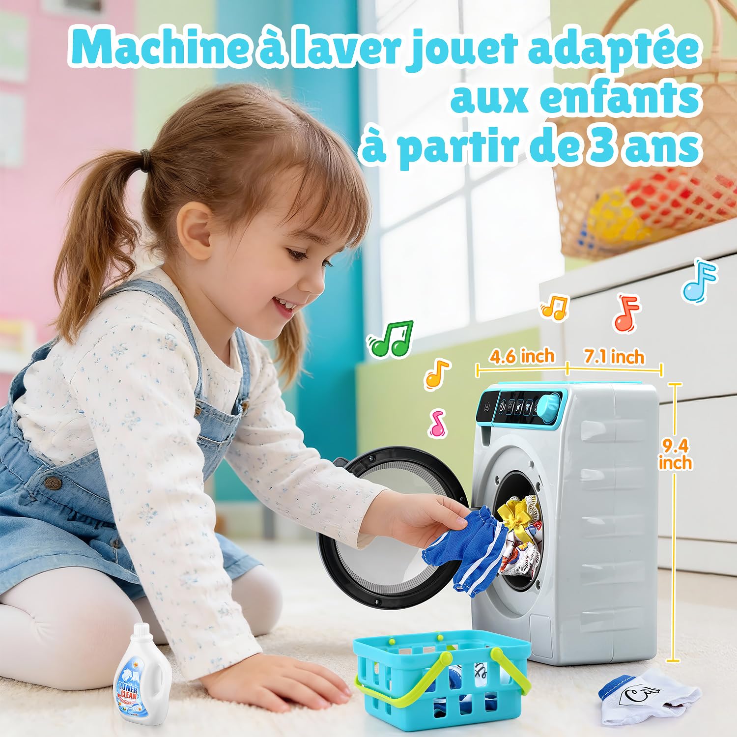Play Machine A Laver Enfant, Électroniques Machine À Laver Jouet avec Sons Réalistes, Vêtements, paniers à Linge et Accessoires de Nettoyage, Jouet Menage Enfant pour Enfant 3-12 Ans