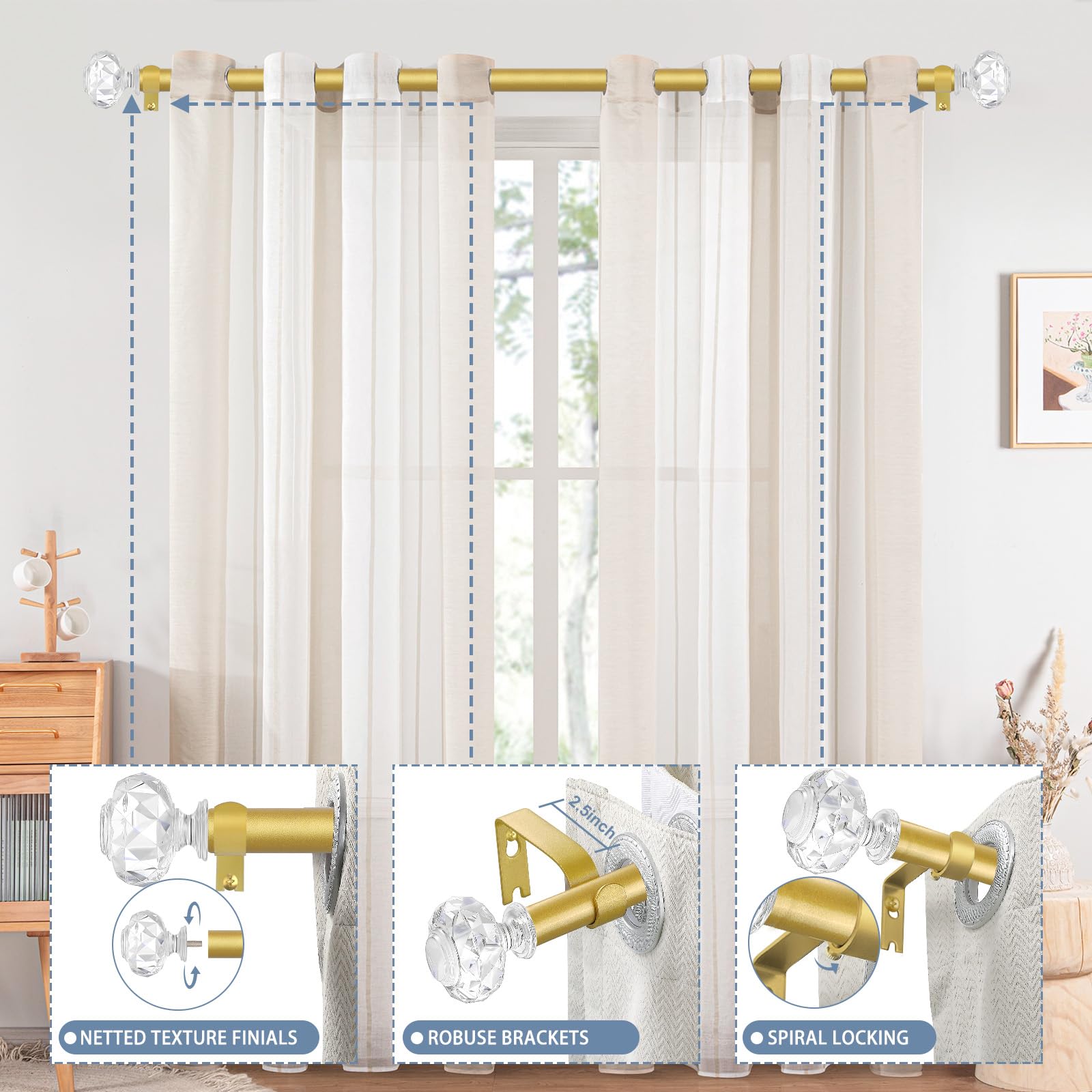 Goldene Gardinenstange Verstellbar 122-213 Cm – Mit Kristall-Acryl-Endstücken, 2,5 Cm Durchmesser