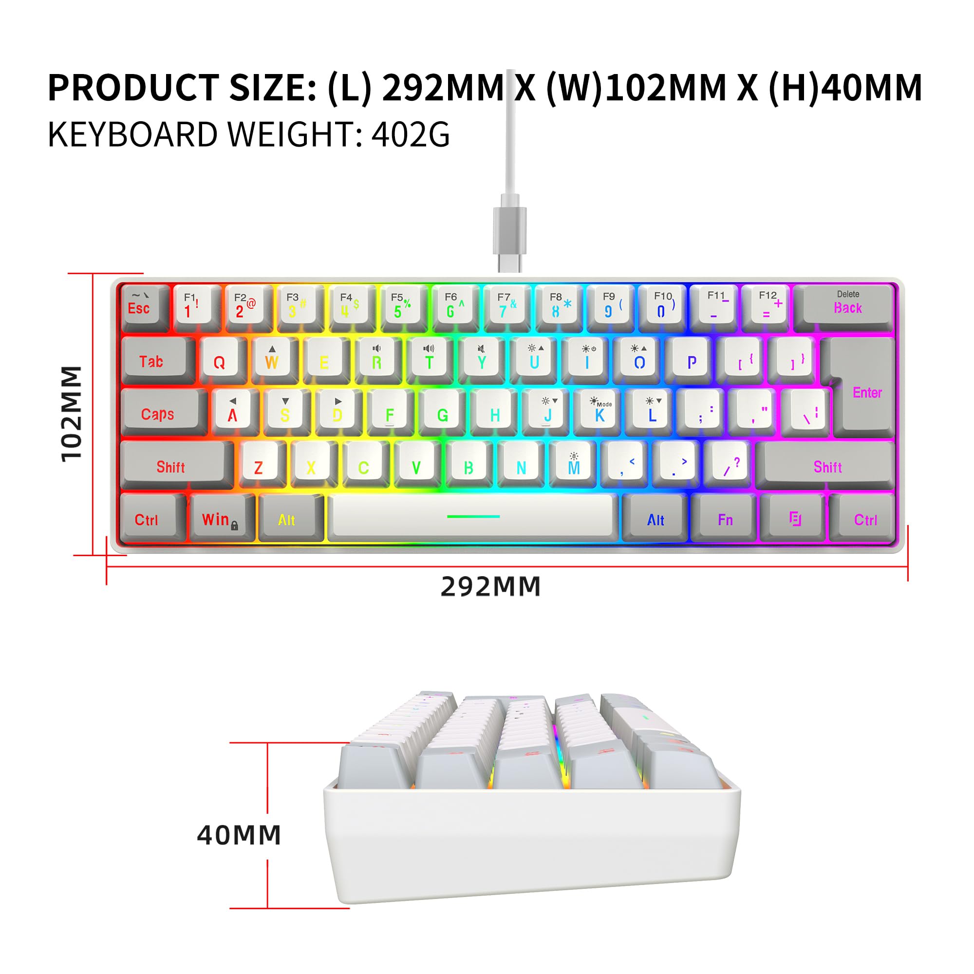 Snpurdiri 60% Wired Gaming Keyboard, 61 Keys RGB (Grey-White) view 5