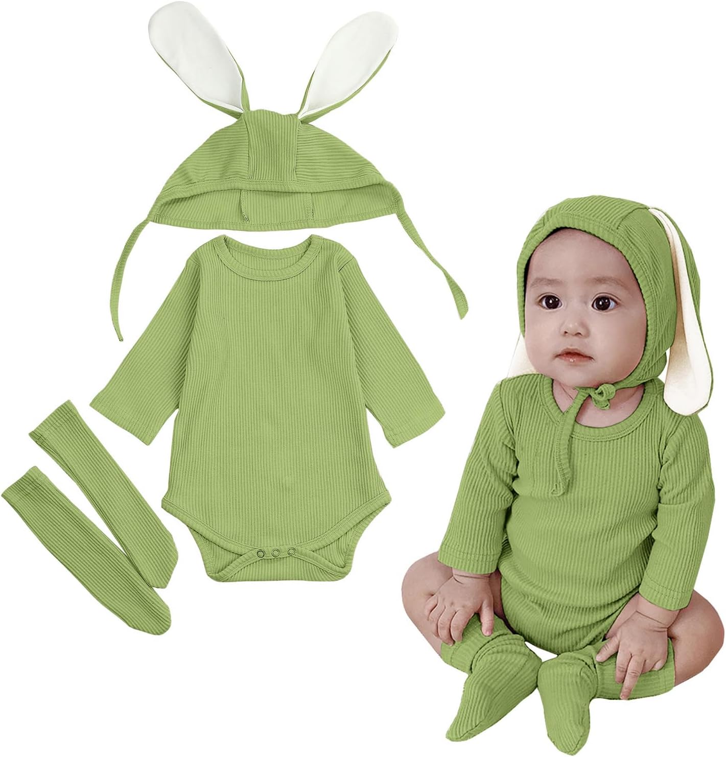 AGQT Newborn Baby Bunny Costume 1st Easter Outfit 3PCS Long Sleeve Romper Baby Boys Halloween Costume Size 0-6 Months