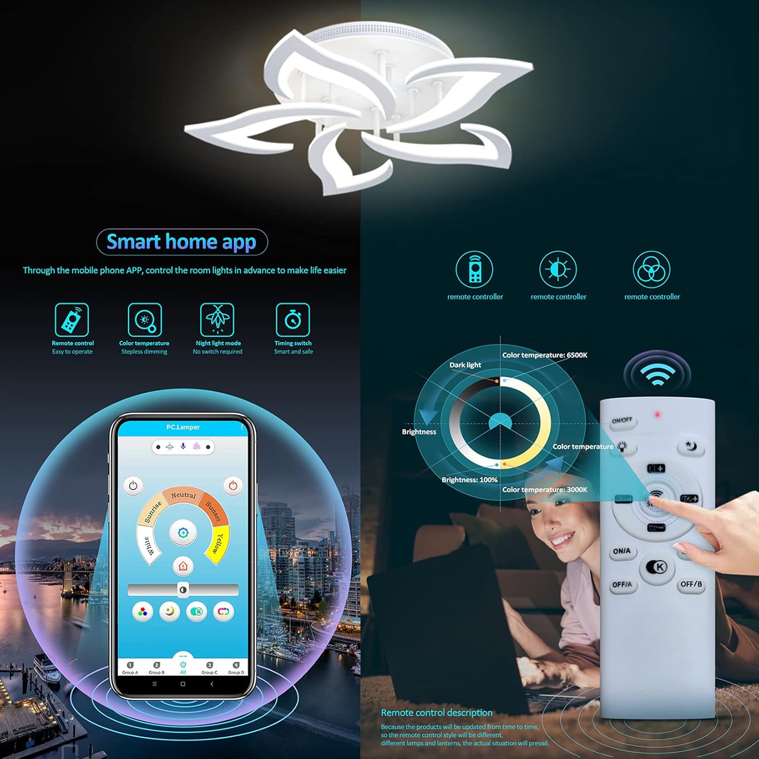 AHAWILL Ceiling Light Dimmable Modern Embedded LED Chandelier Metal Acrylic Petal Ceiling Ceiling Light, Suitable for Living Rooms, Bedrooms, Children's Rooms, Etc. ø22.8″/35w/5 Heads…… - - 