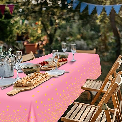 Miniatura 6 de Paquete de 4 manteles de plástico desechables para fiestas, mantel rosa y dorado para mesas rectangulares de 8 pies, cumpleaños, boda, graduación,
