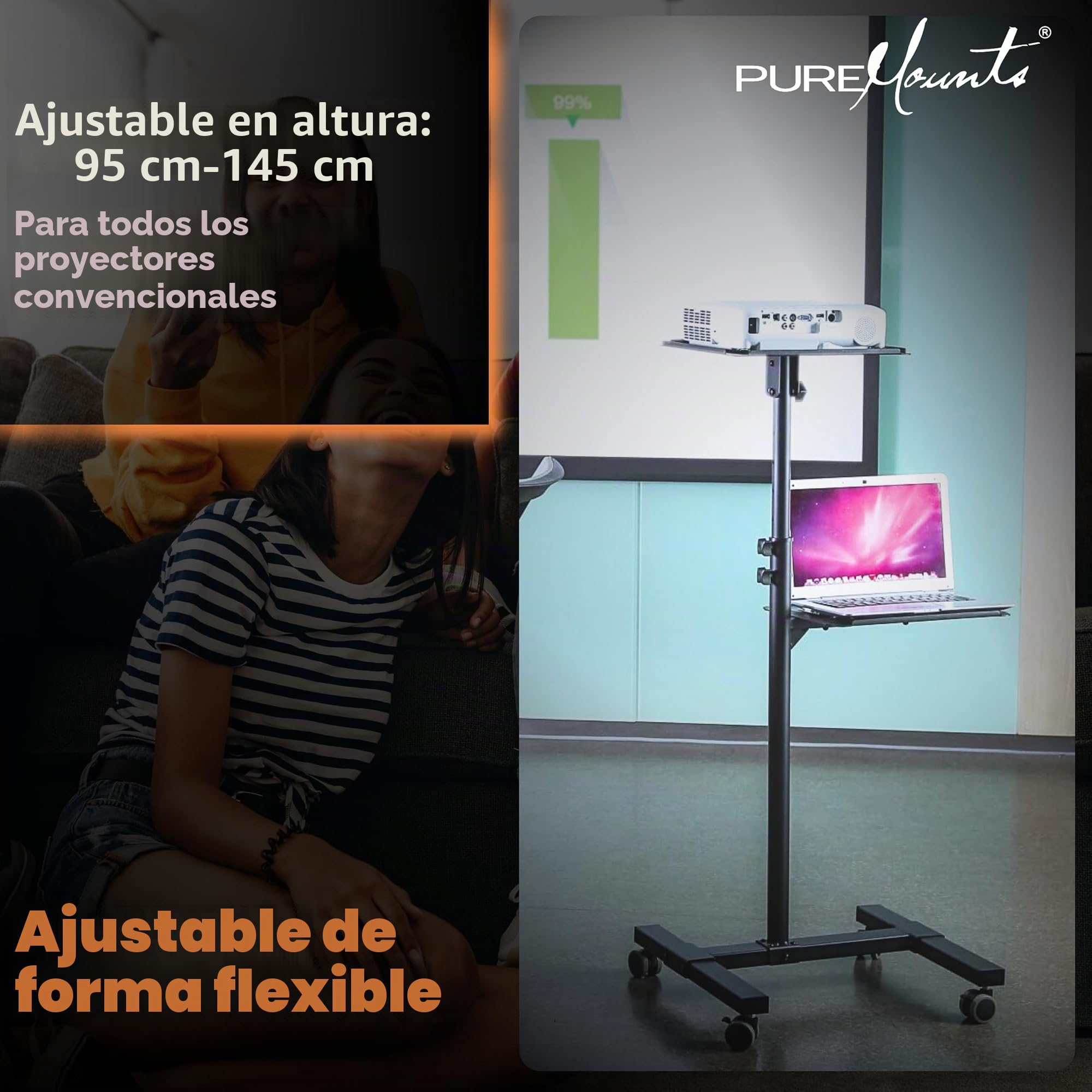 PureMounts Carro de proyección inclinable/Mesa de proyección para proyectores, Ajustable de Forma Flexible (950 mm a 1450 mm), Ruedas bloqueables, Capacidad de Carga de 10 kg, Color Negro.