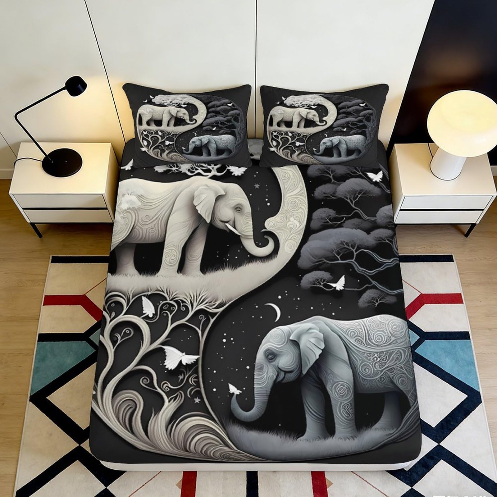 3D Printed Elephant Pattern Fitted Sheet Microfiber Soft Breathable Yin Yang Bed Cover for Bedroom Dormitory Guest Room Mattress Protection 160x200x25cm