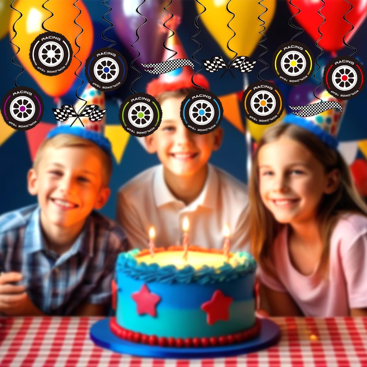 Race Car Party Decorations Wheels Tire Party Decoration Racing Car Party Decor Supplies Hanging Swirls Party Streamers 24pcs Kids Theme Birthday Party Decor Banner, Assembled and Ready to Use