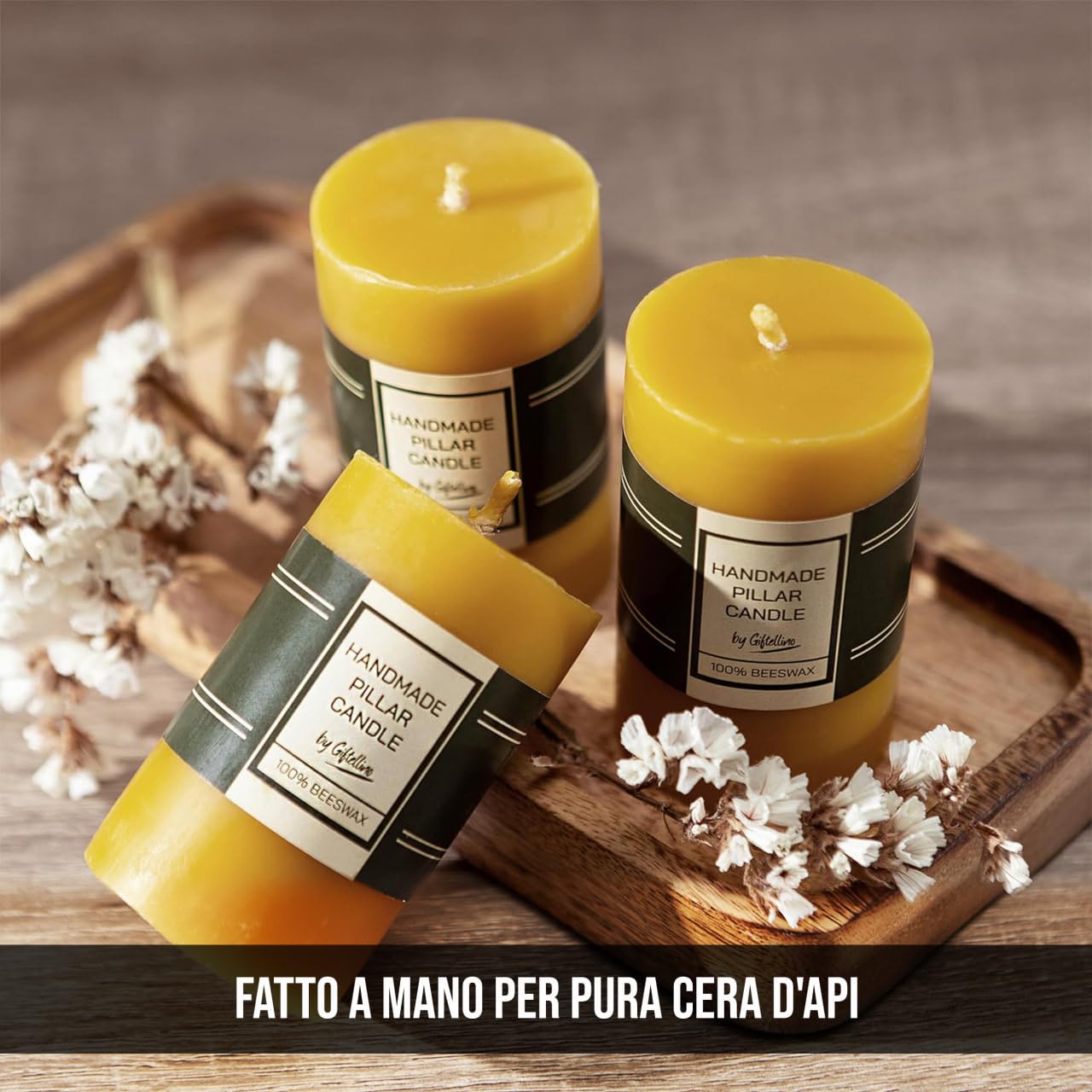 Set di 3 Candele a Colonna in 100% Pura Cera d'Api - Durata di 21 Ore - Candele a Colonna con Stoppino in Cotone - Candela Senza Profumo - Pilastri in Cera d'Api Senza Gocce - Set of 3 Pillar Candles