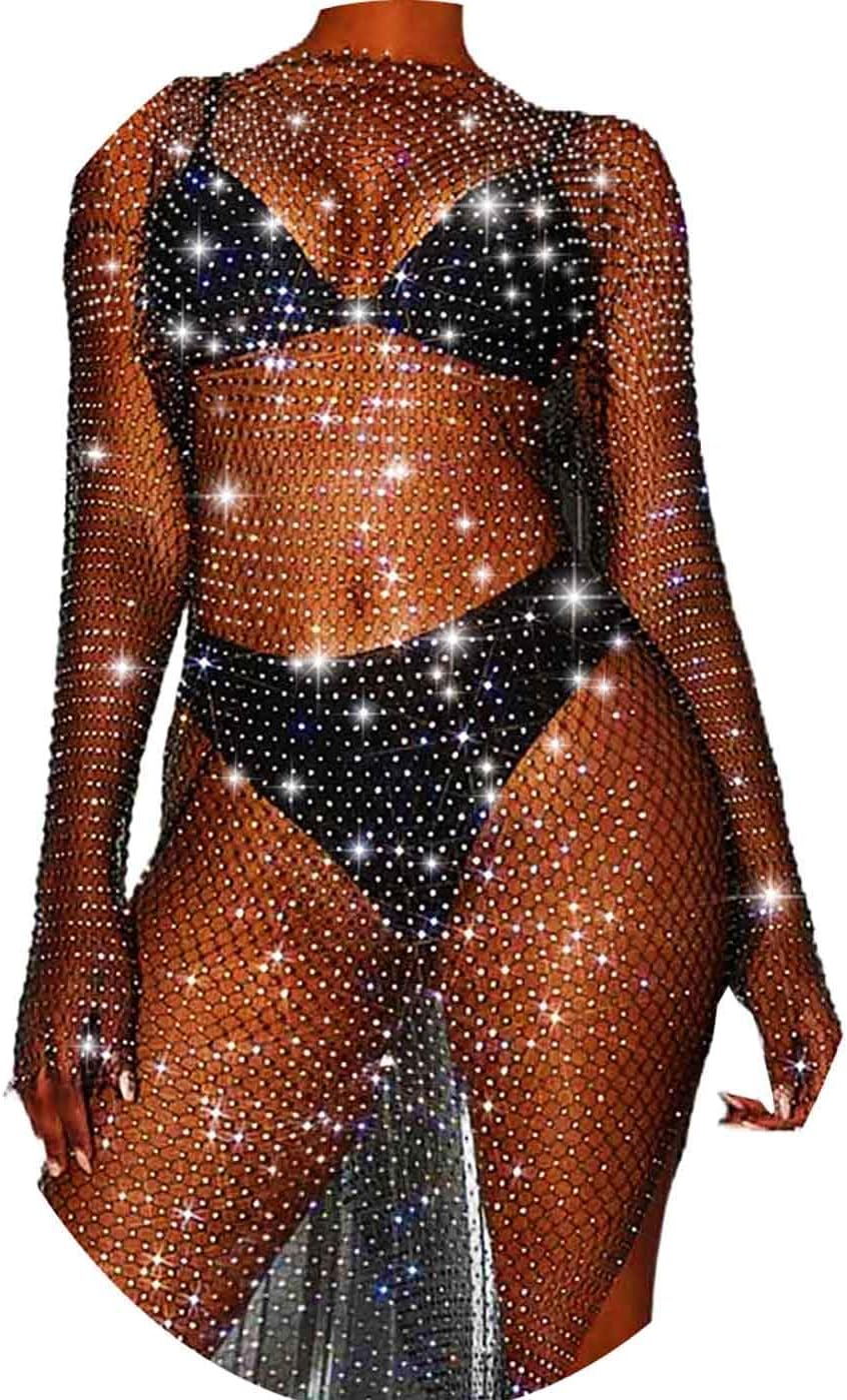 Fstrend Women Rhinestone Mesh Dress Black Sparkly Crystal Cover Up Long sleeves Skirts Concert Rave Fishnet Outfits