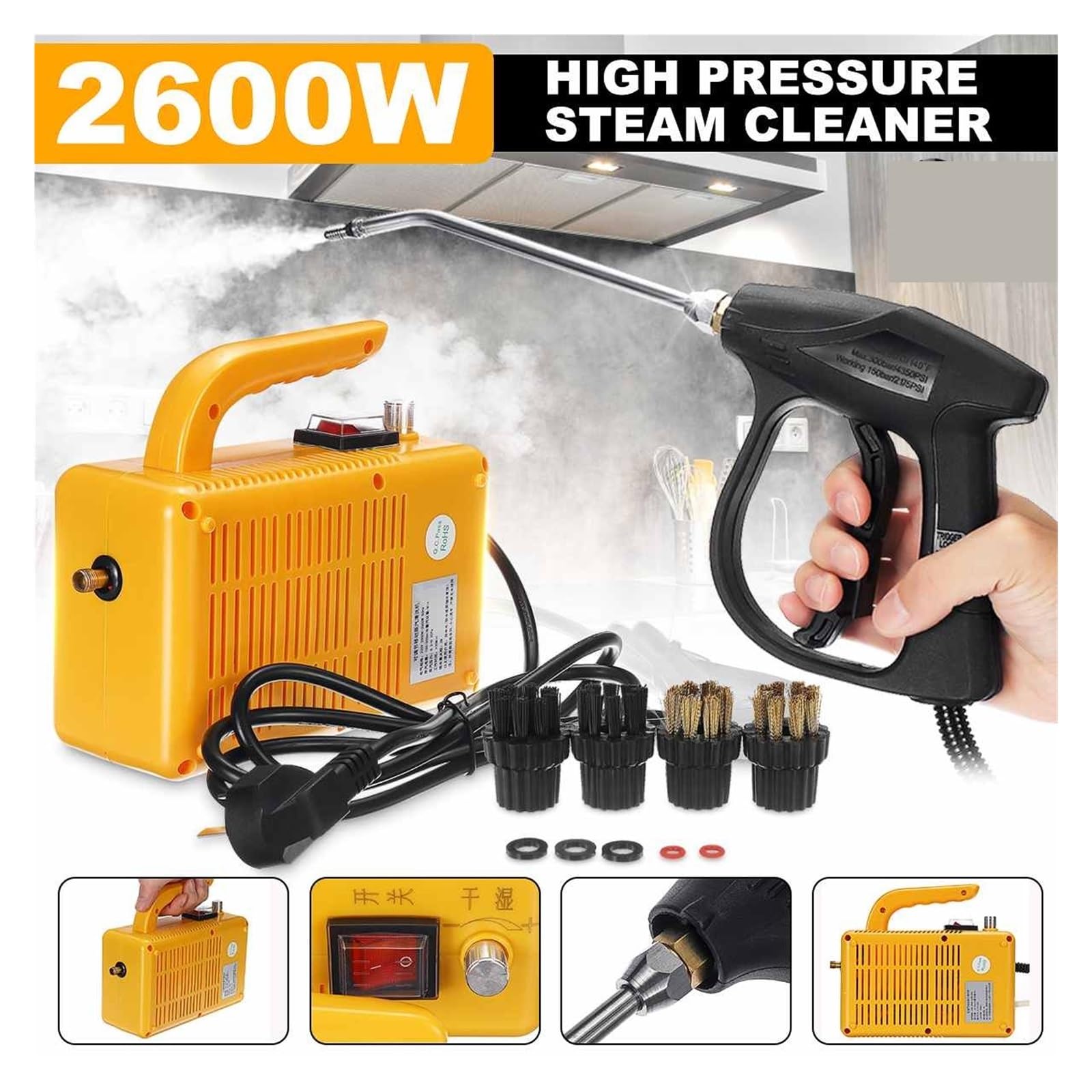Odkurzacz parowy, Elektryczny odkurzacz parowy do użytku domowego o mocy 2600 W, przenośny ręczny parowiec o mocy 2600 W. Samochodowa szczotka kuchenna Maszyna do czyszczenia