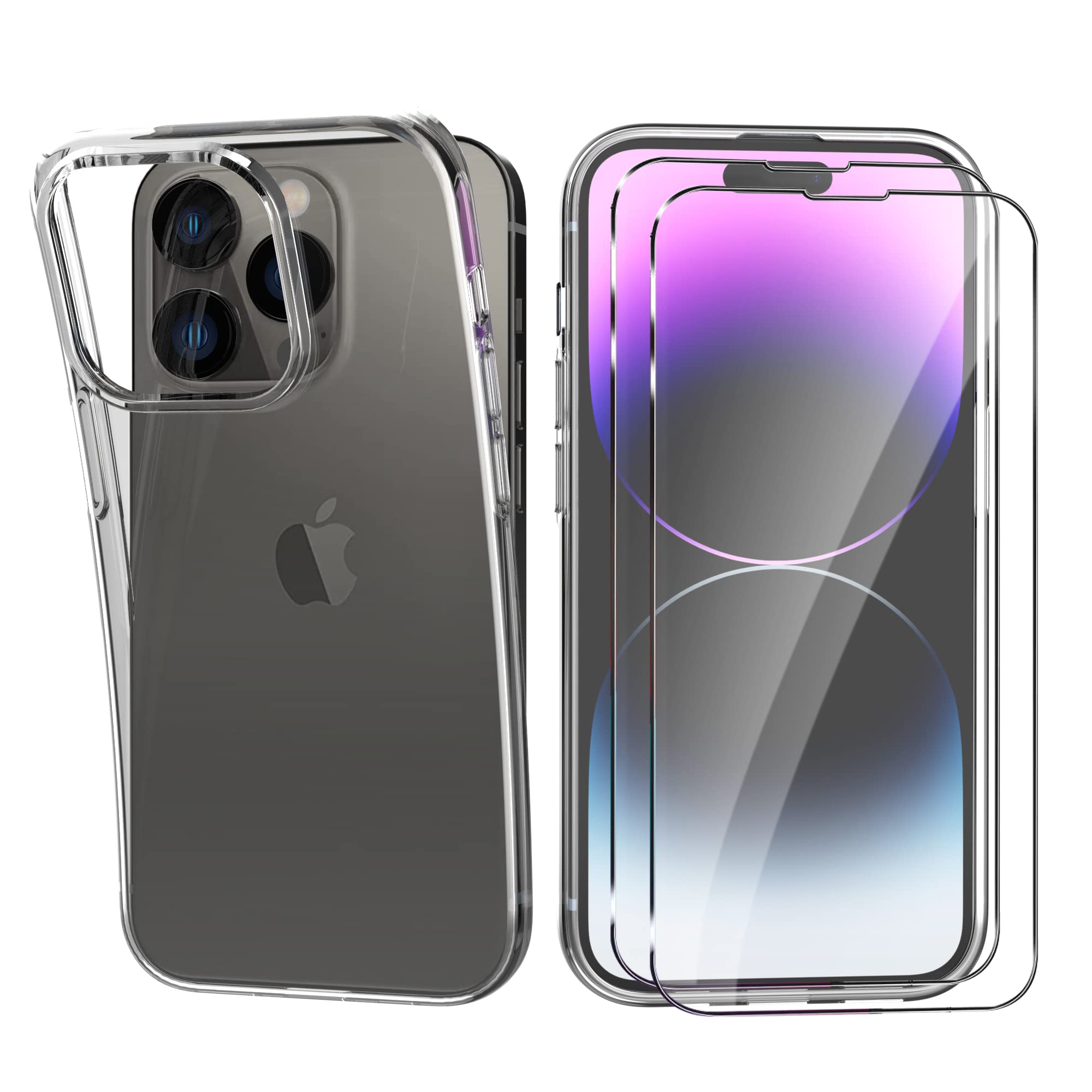 HTDELECCase for iPhone 14 Pro Max 6.7 Inch + [Pack of 2] Screen Protector, Transparent Thin Mobile Phone Case Clear Soft TPU Silicone Protective Case Cover for iPhone 14 Pro Max 6.7 Inch,Transparent