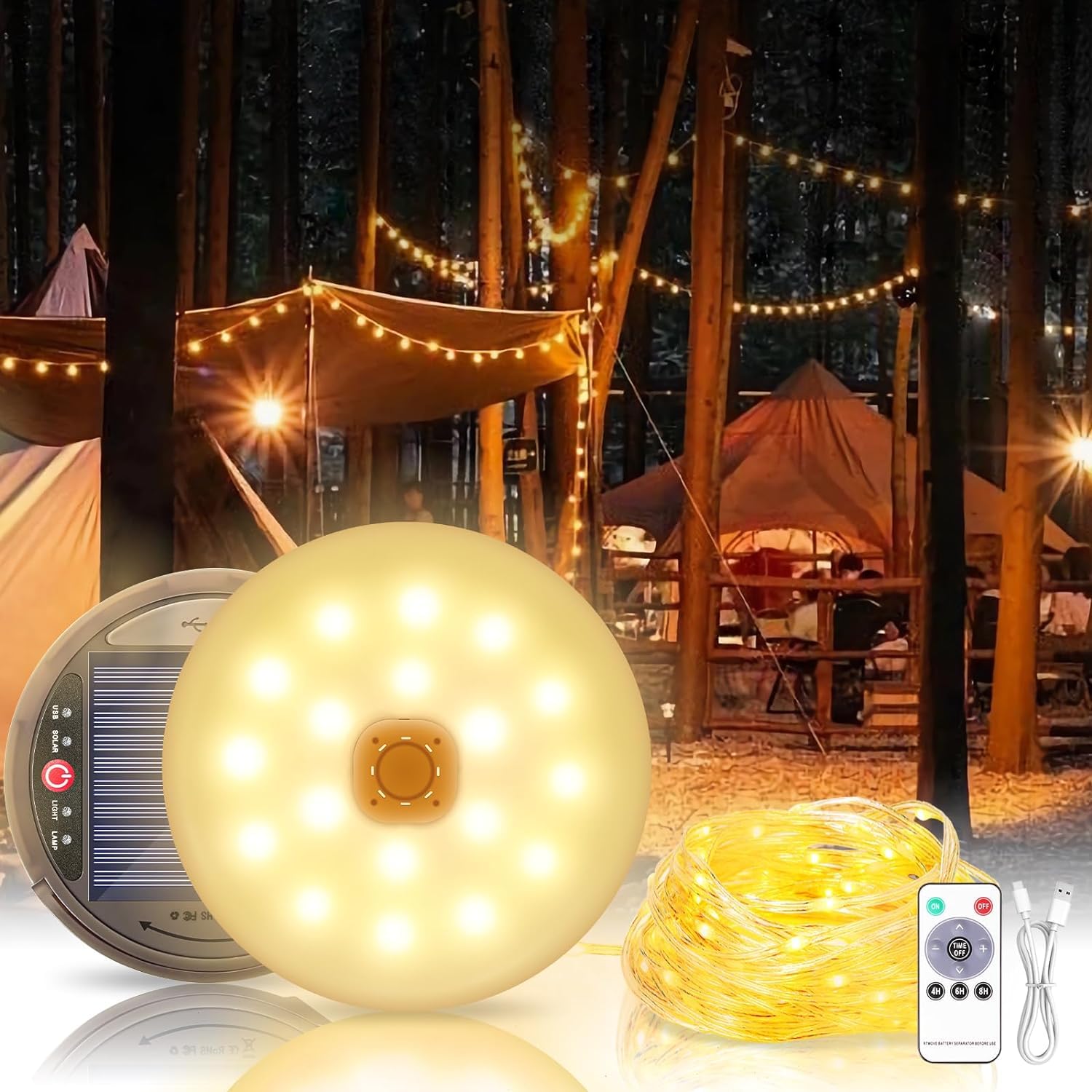 Outdoor solare impermeabile portatile retrattile stringa Light, 3 in 1 Camping String Light, 8 modalità di illuminazione (40 piedi) all'esterno, solare / USB lampada da tenda ricaricabile per