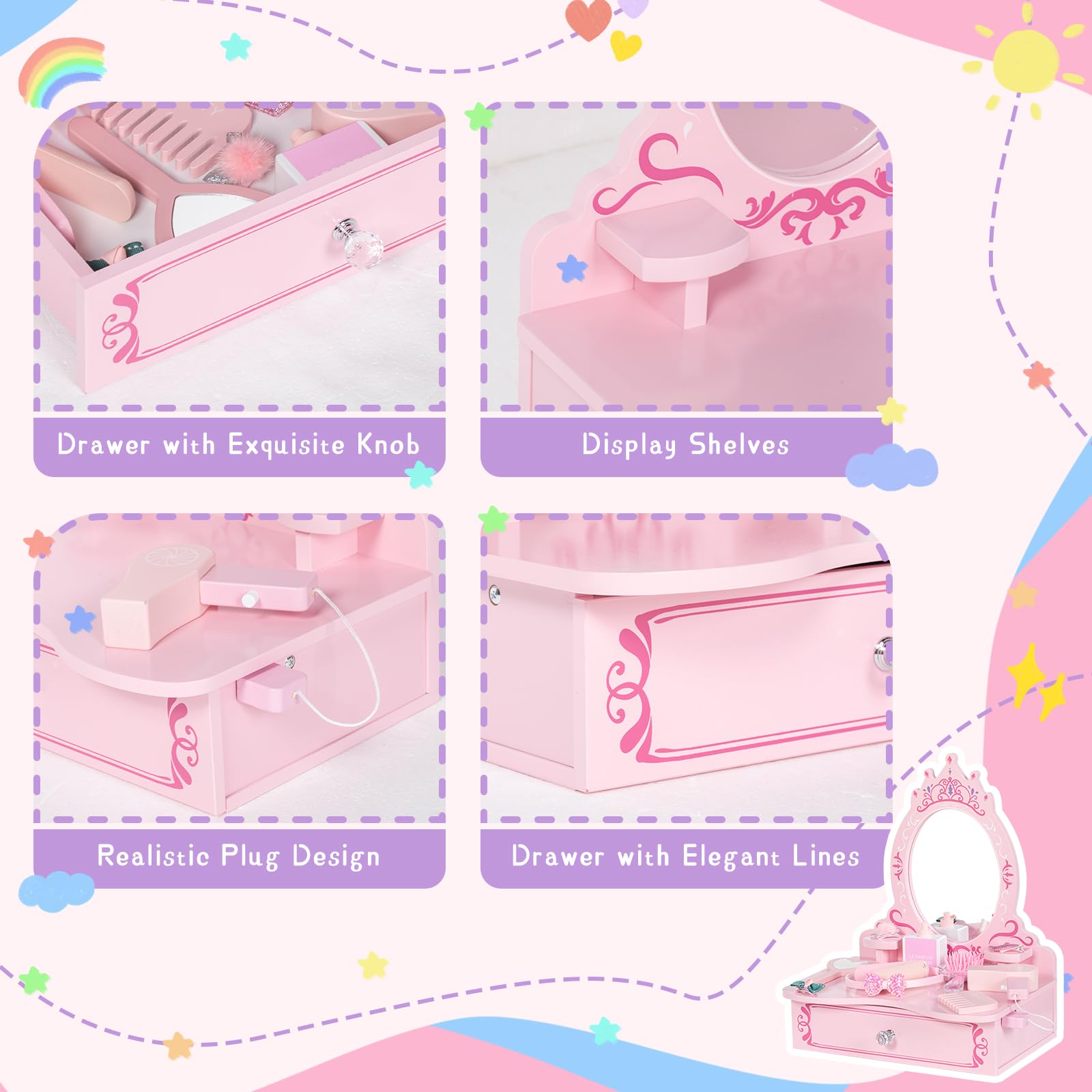 BRINJOY Wooden Vanity Set for Kids, Toddler Tabletop Beauty Salon Play Set w/Accessories & Drawer, Princess Makeup Pretend Play Vanity Table Toy with Crown Shaped Mirror for Little Girls Age 3-8