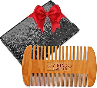 Viking Revolution Pear Wood Beard Comb with Case - Dual Fine & Coarse Teeth for Smooth Grooming, Oils, Balms & All Beard Types