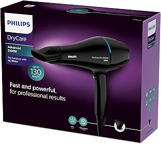 مجفف شعر دراي كير برو من فيليبس يتميز بمحرك احترافي يعمل بتيار متردد وتقنية العناية الأيونية بقوة تشغيل 2100 وات BHD272 00 أسود واط