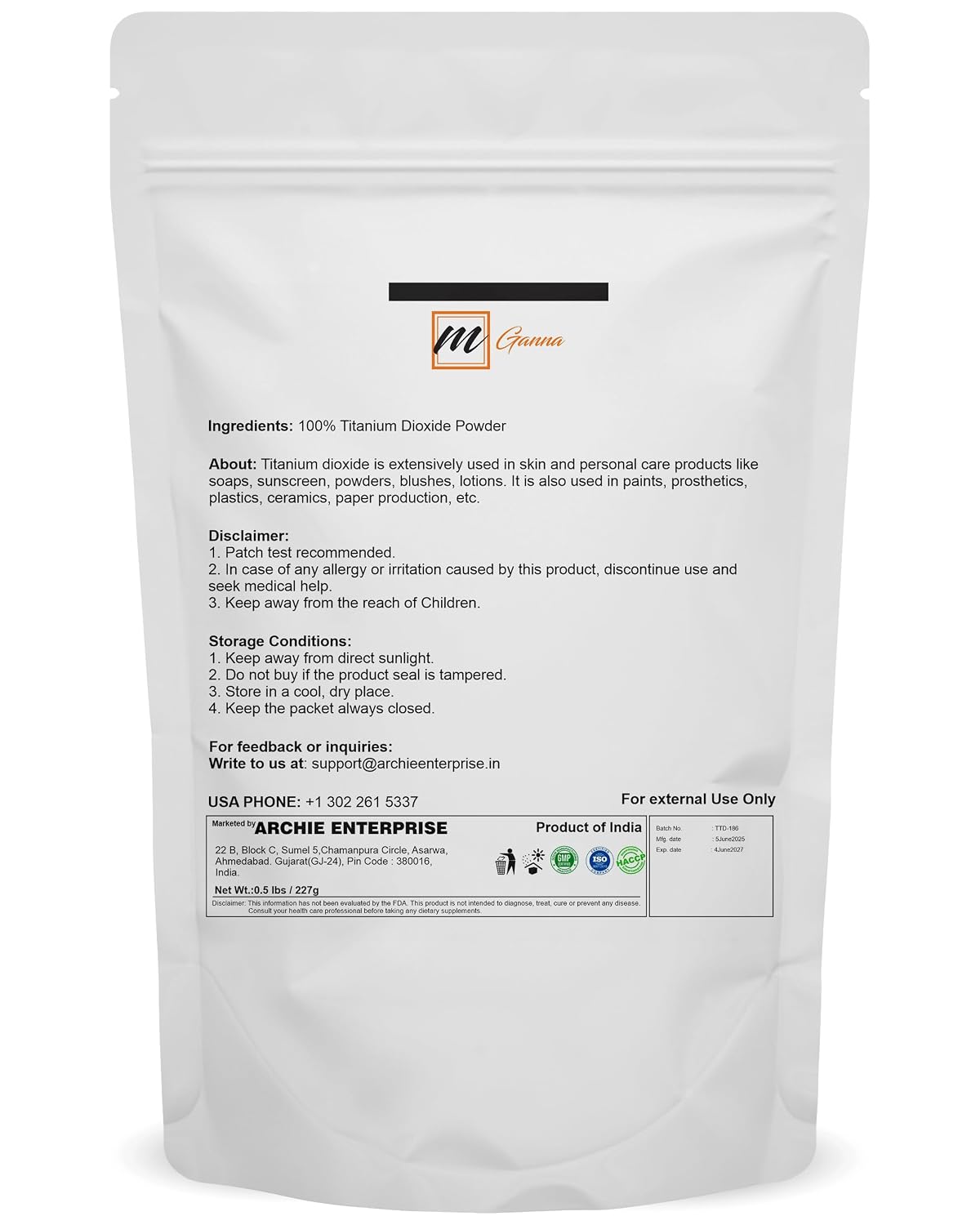 100% Natural Non-nano & Uncoated Titanium Dioxide Powder for Skin Hair and Health Care 0.5 LBS / 227 GMS