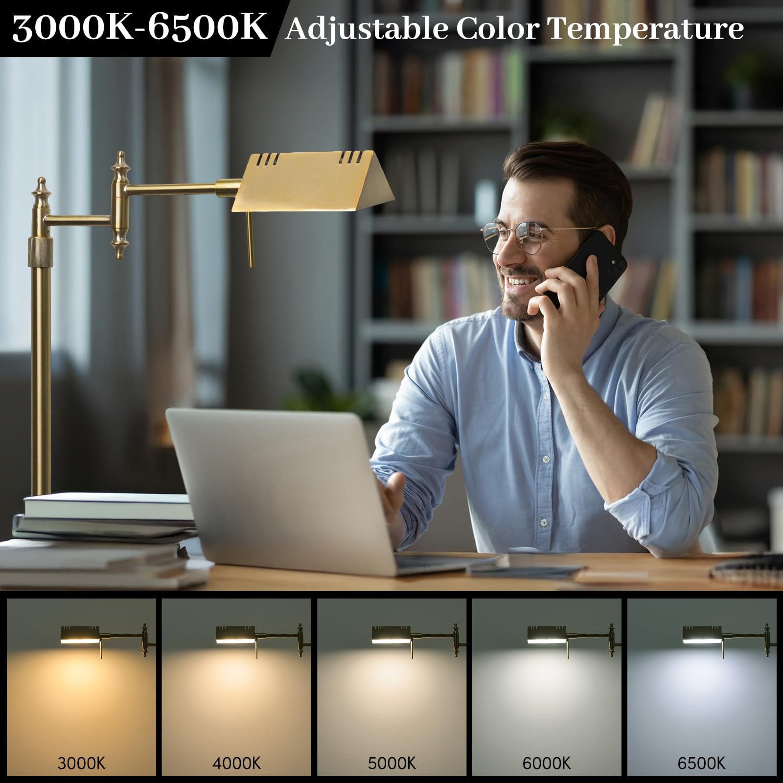 Lámpara de pie regulable de farmacia con control remoto, lámpara de pie de lectura LED dorada de 17 W con brazo oscilante de 360°, temperatura de 3 colores, lámpara de trabajo de pie ajustable en