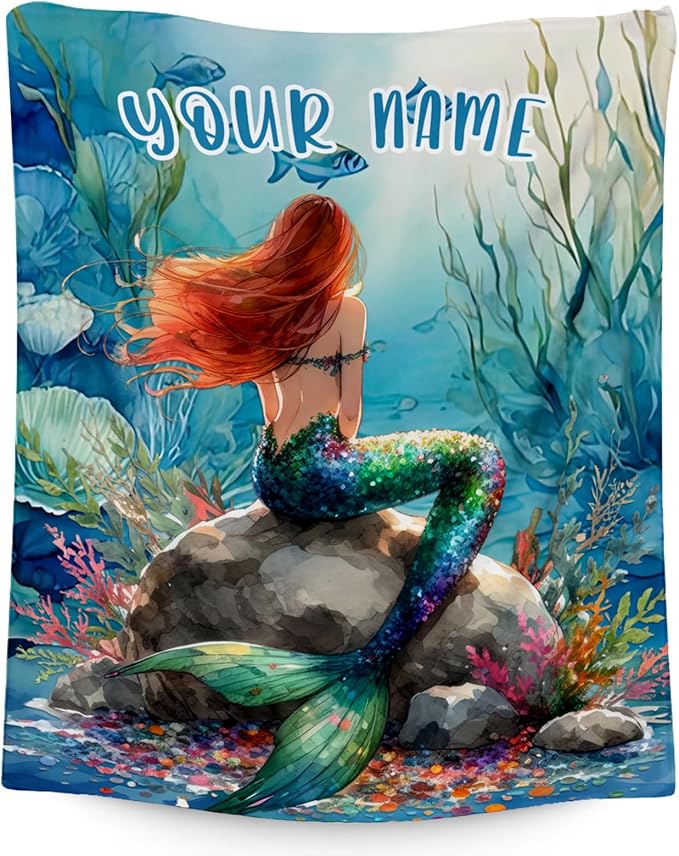 Custom Mermaid Blanket - 60x80 Inches Cute Throw Blanket for Kids - Soft Fuzzy Blankets for Couch & Office