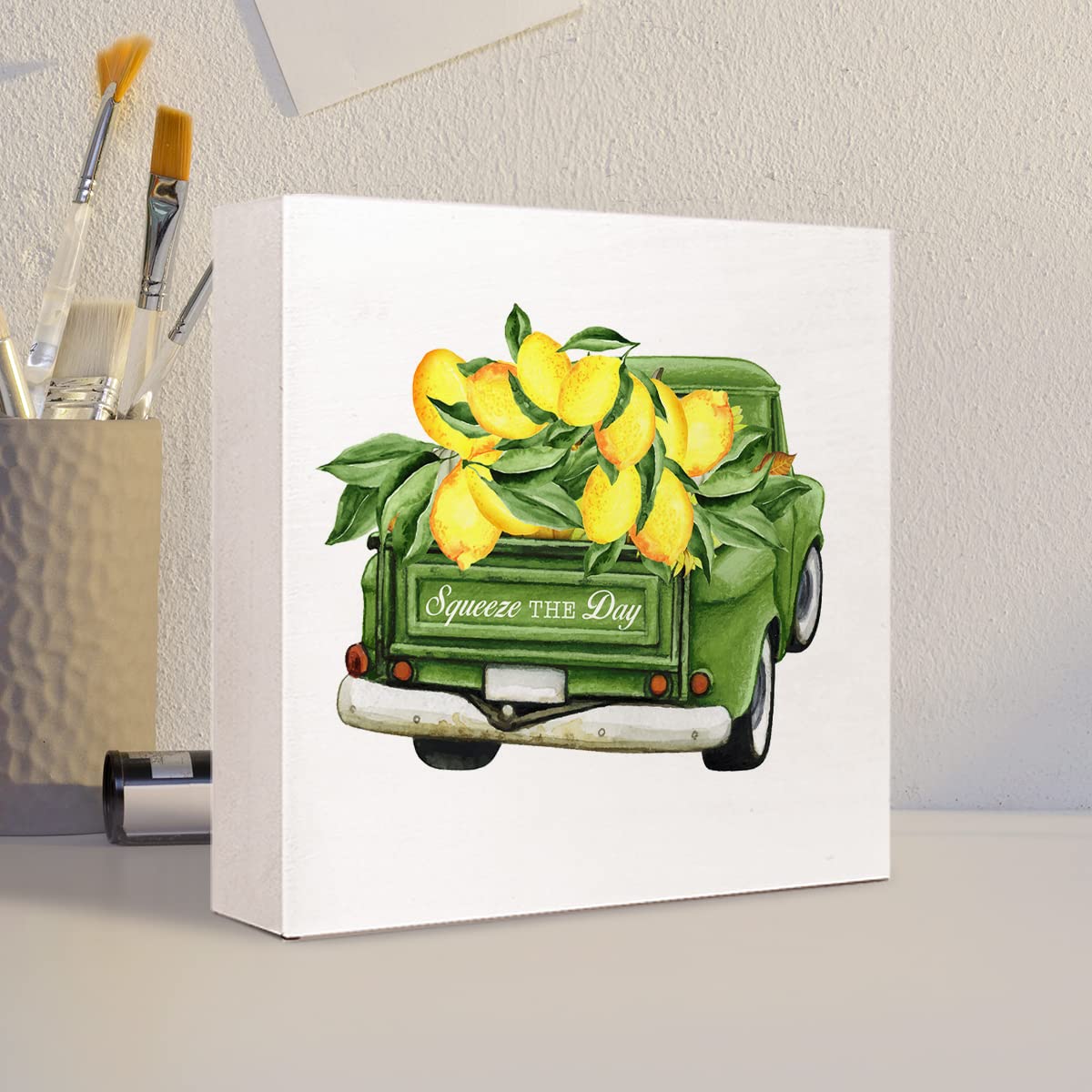 Summer Lemon Wooden Box Sign - Squeeze The Day Lemon Wood Block Plaque For Home Kitchen Shelf Wall Decor