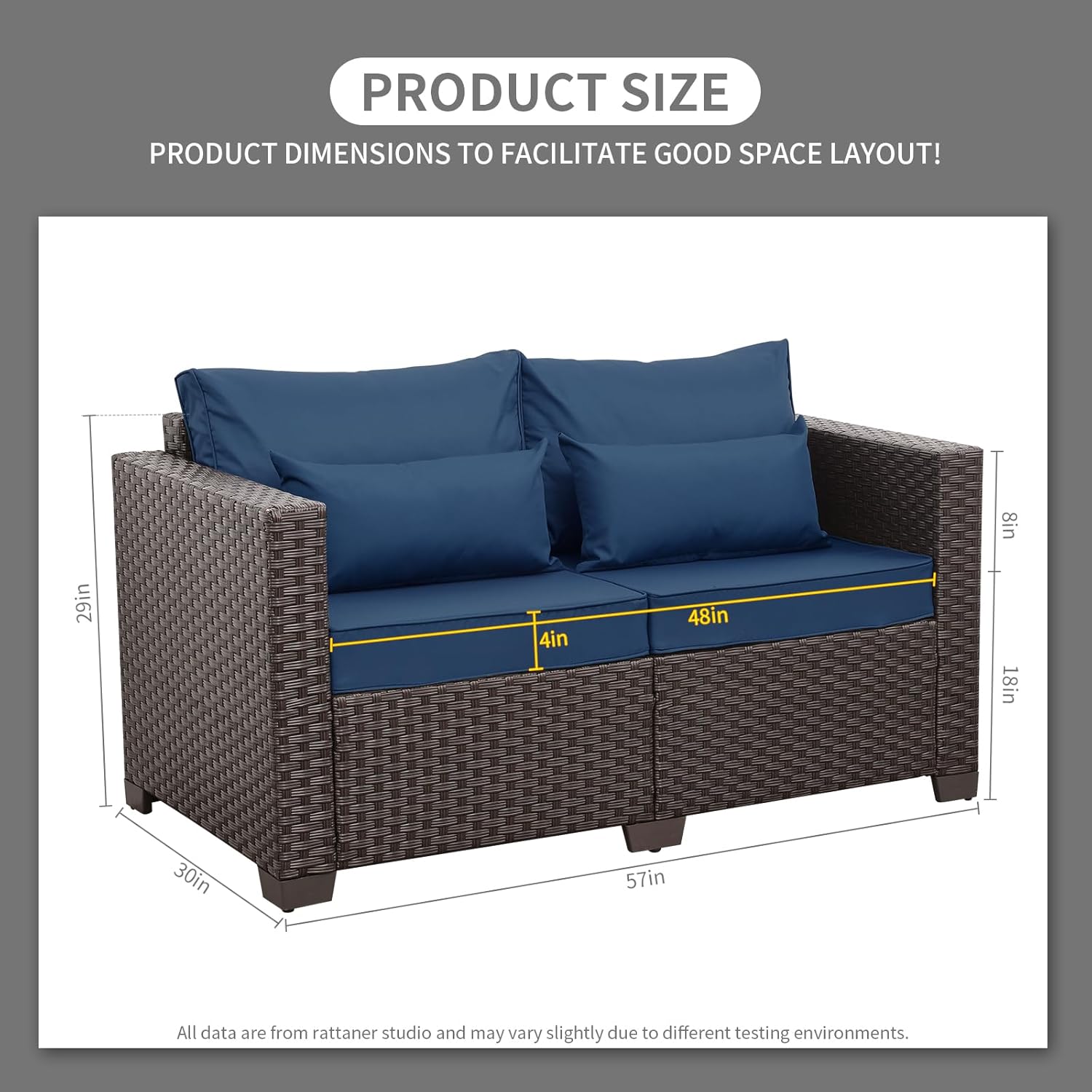 Rattaner Outdoor Furniture Loveseat Sofa Patio Furniture Small Sofa 2 Seater Couch with Anti-Slip Cushions Lumbar Pillow and Waterproof Cover, Navy Blue