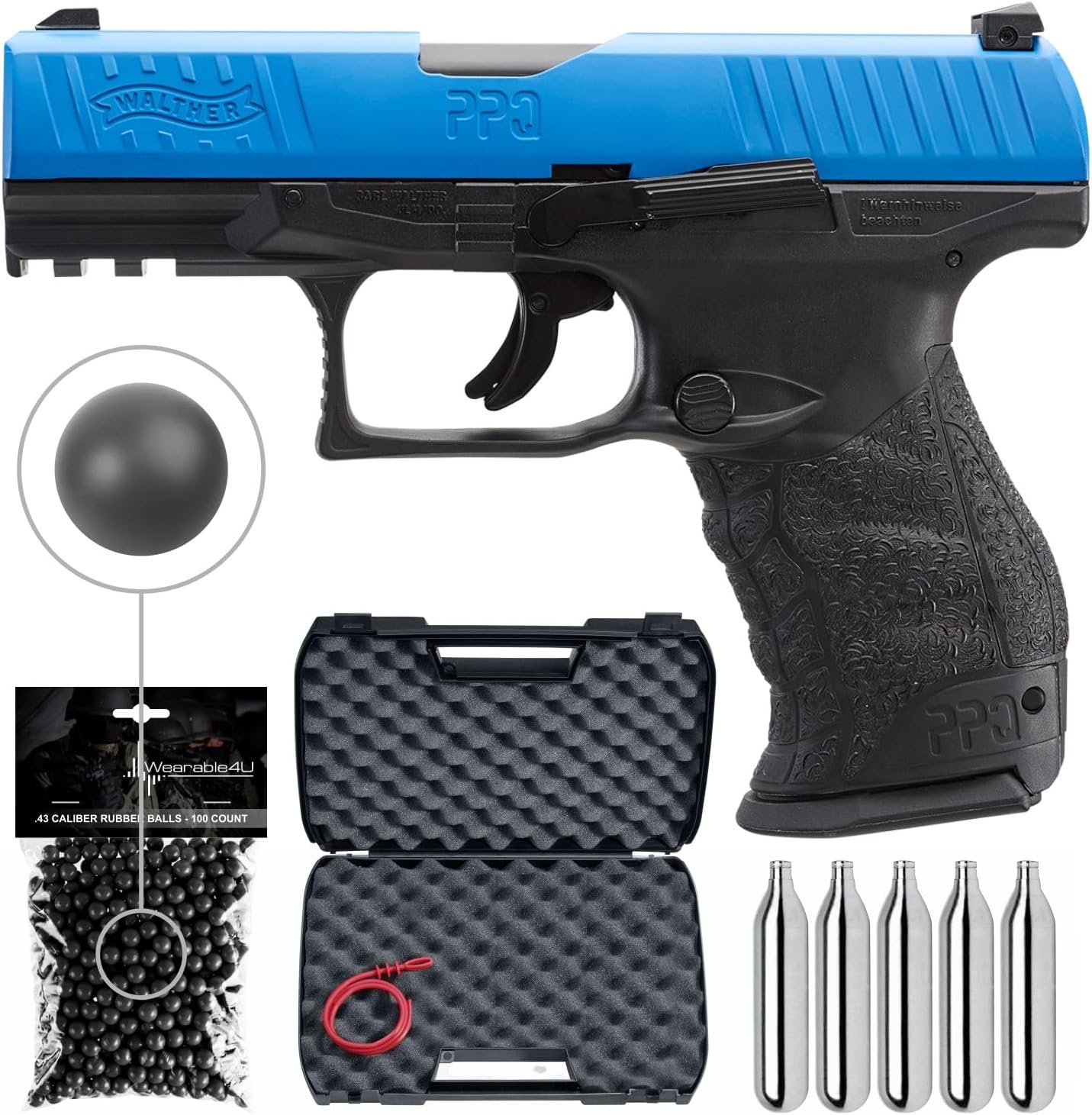 Umarex T4E .43 Cal Walther PPQ Paintball Pistol with 5x12 g CO2 Tanks and Pack of 100x .43 Cal Black Rubber Balls Bundle