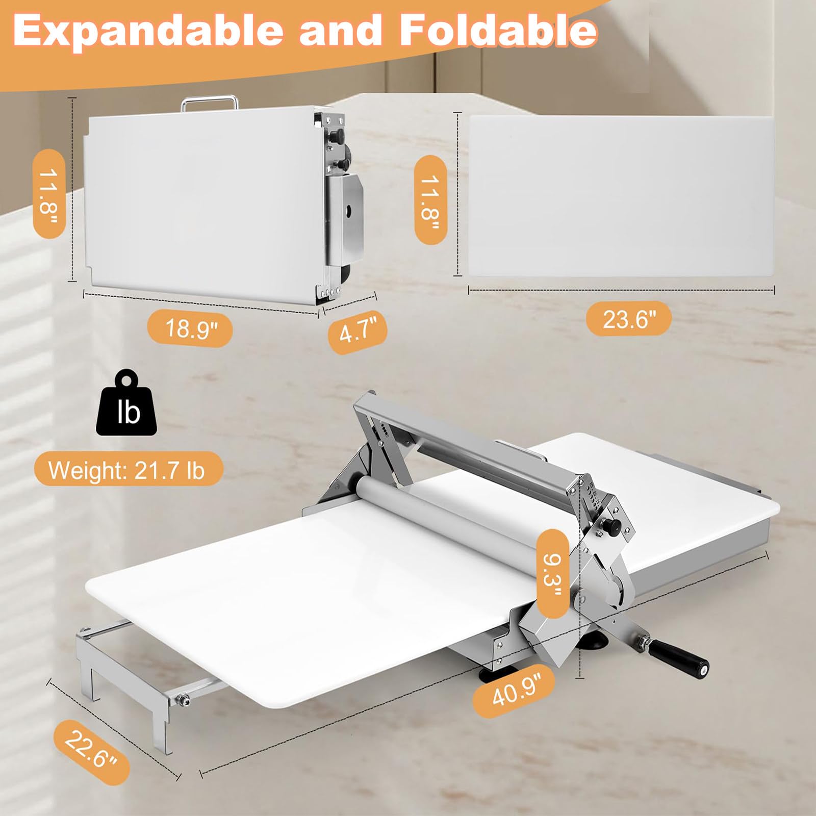 Sfogliatrice Elettrico Professionale, Macchina per Pasta Sfoglia, con Spessori Regolabili, per Croissant, Pizza e Pasta, Superficie Antiaderente in PP 40.9"x22.6"x9.3"