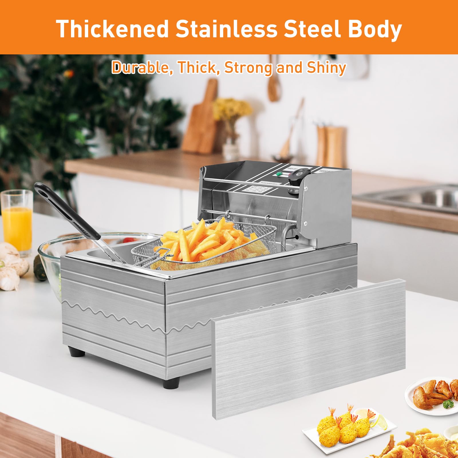 Freidora eléctrica – Freidora eléctrica de gran capacidad de 6 litros con cesta desmontable, control de temperatura ajustable, freidora comercial de acero inoxidable de 1600 W para restaurante y hogar 4