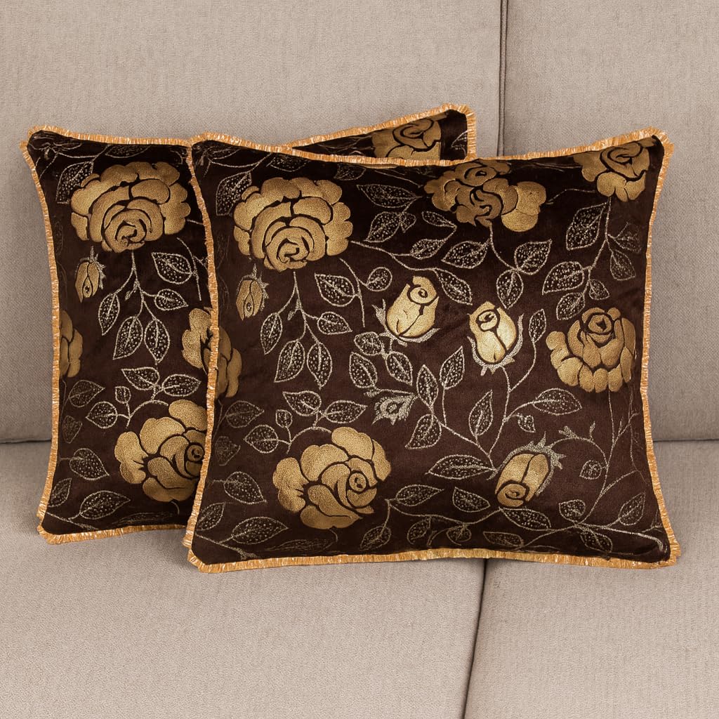 Velvet Jacquard Decorative Floral Cushion Cover 24 Inch x 24 Inch 5 piece with Shimmering Glitter Design & Lace Border, Festive Design (24X24 Inches, Coffee, Set of 2)-image-23