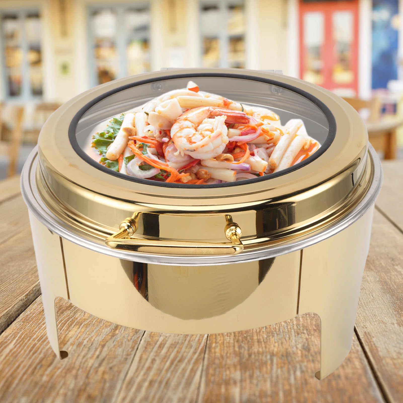 Zunate Plato de Frotamiento Redondo Dorado para Buffet |Cacerola de de Acero Inoxidable de 6 Litros con Tapa Abatible de 90 Grados para Calentar Alcohol (1 sartén de tamaño completo)