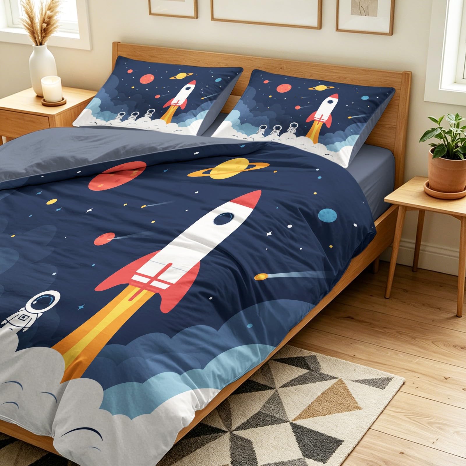 Poszwa na kołdrę gwiaździste niebo kreskówka 4-częściowy zestaw pościeli rakieta astronauta zestaw z mikrofibry niebieski szary pościel z 2 poszewkami na poduszki i 1 prześcieradłem z gumką 240 x 220
