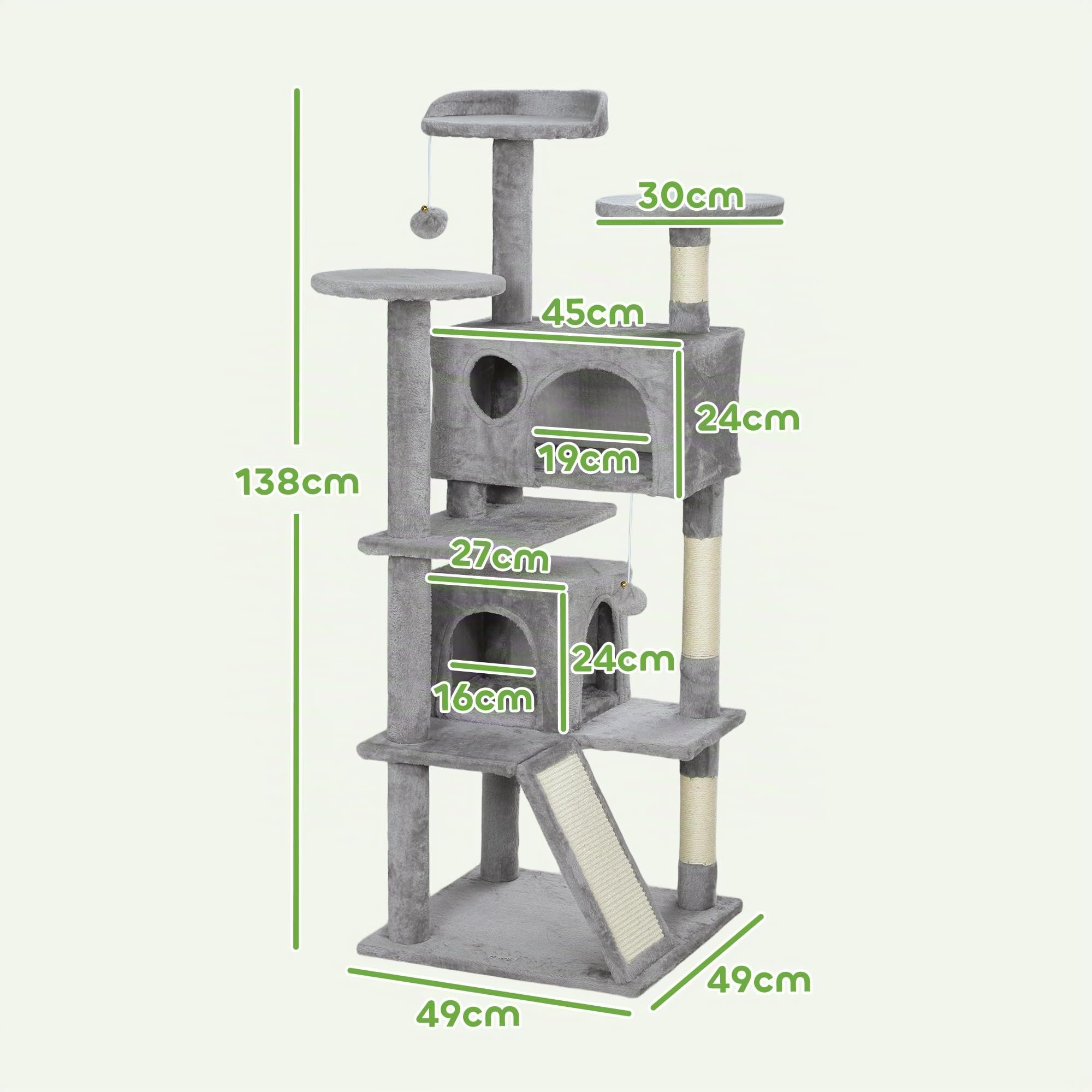 PawHut Rascador para Gatos Altura 138 cm con Postes de Sisal Gris Claro | Árbol para Gatos, Torre de Escalada, Plataformas, Cuevas, Bolas Colgantes, Hamacas