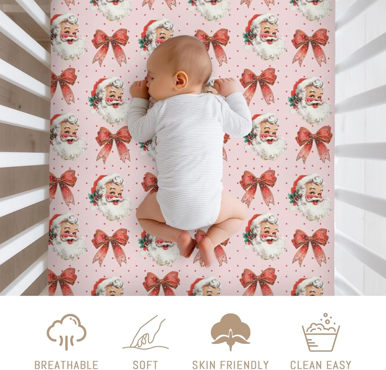 Vintage Merry Christmas Santa Bows Baby Crib Sheets for Boy Girl Retro Happy Santa Jolly Soft Snug Fitted Crib Mattress Covers Fit 52''x28'' Standard Crib & Toddler Mattress Winter Holiday Bed Sheets
