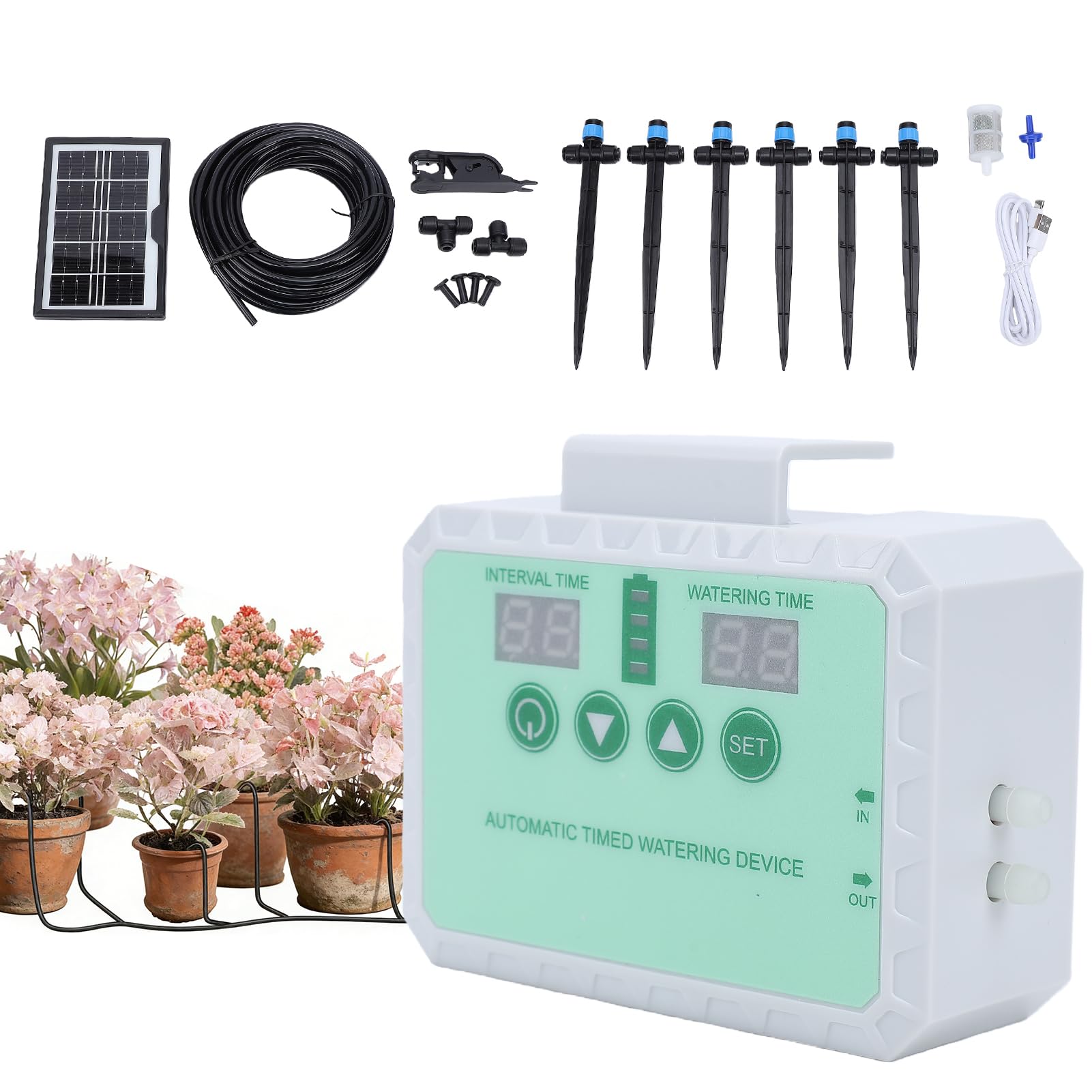XUMIUZIY Pompa Wodna Solarne do Nawadniania Kroplowego Ogrodu z Timerem | Zestaw do automatycznego podlewania roślin domowych, kolektor wody deszczowej, regulowana dysza, zasilanie słoneczne