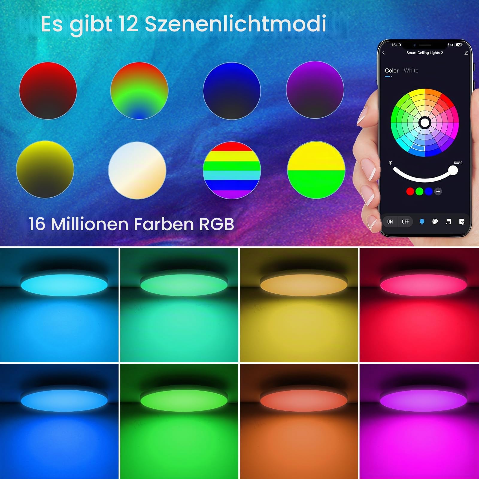 Led Deckenlampe Dimmbar mit Fernbedienung, [4 Stücke] 24W 16 Millionen RGB Farbwechsel Smart led Deckenleuchte Steuerbar via App, 2400LM Deckenbeleuchtung Ø30CM Lampe für Wohnzimmer Schlafzimmer, Weiß