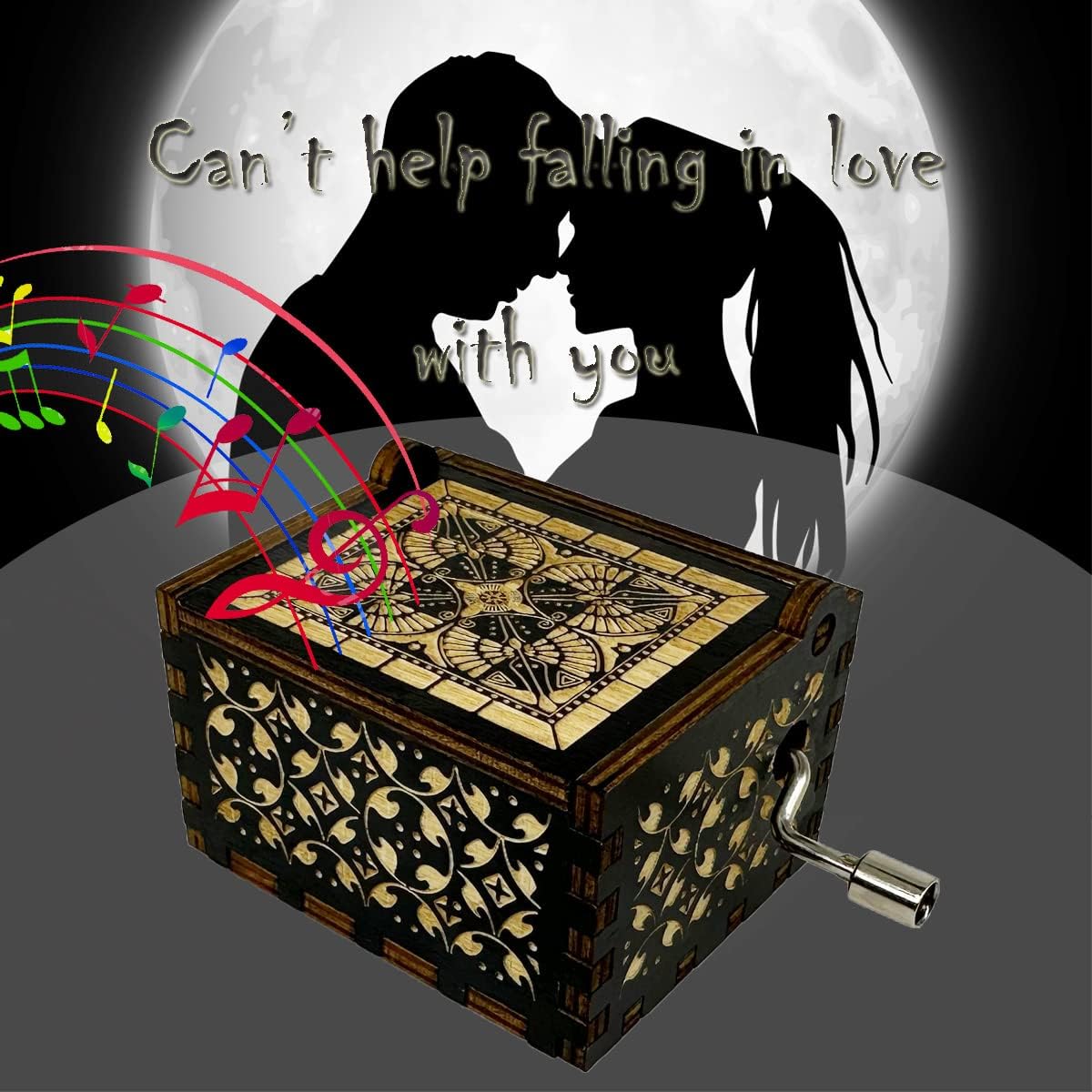 Boîte à Musique En Bois Gravée 'Can't Help Falling In Love' - Mécanique à Manivelle - 6,4x5,2cm - Cadeau Romantique