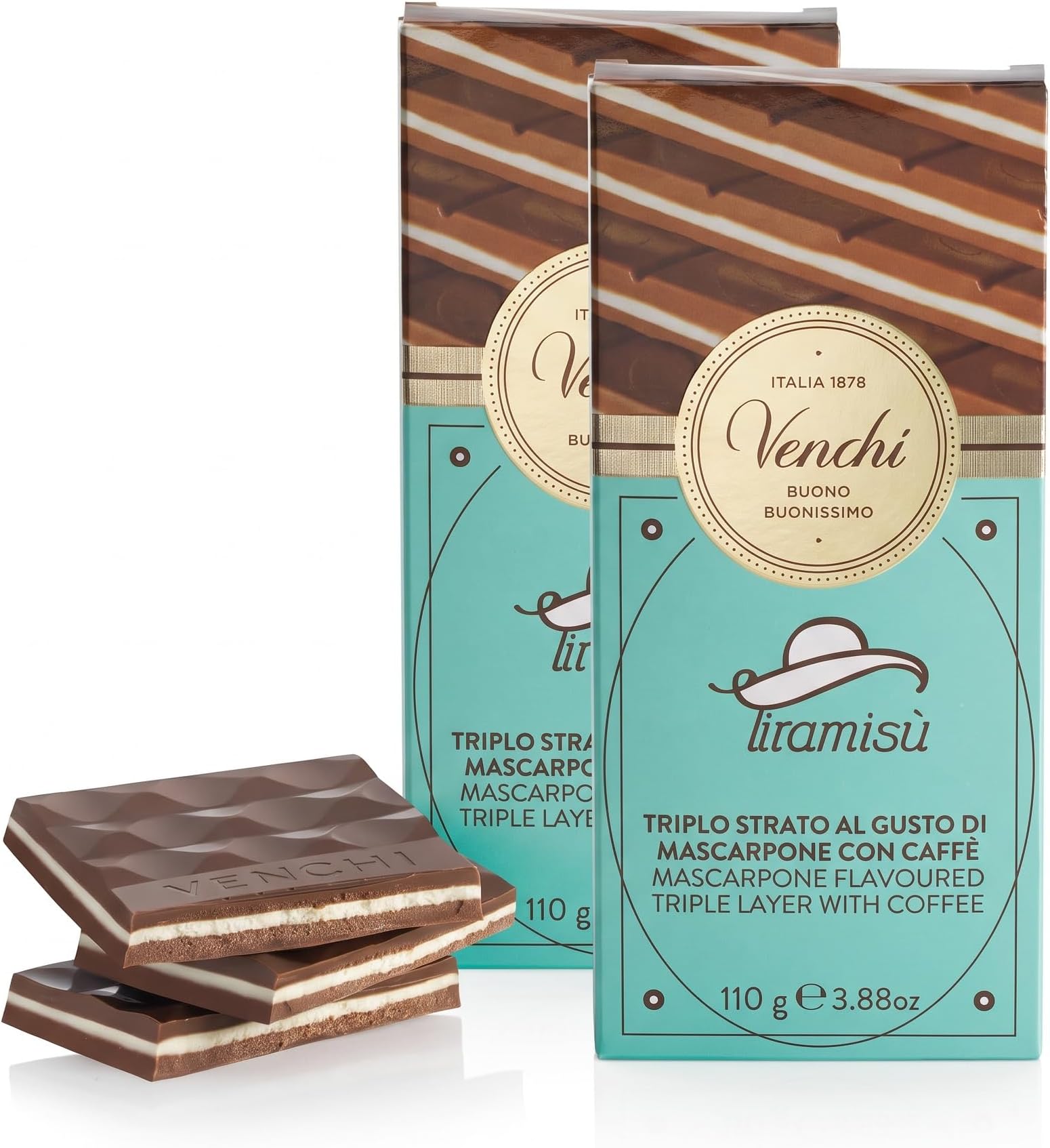 Venchi Chocolate Bar: Tiramisu Chocolate Bar, 3.88 oz - Layers of Coffee paste, Mascarpone cream, and Dark Chocolate - Naturally Gluten Free (Pack of 2)