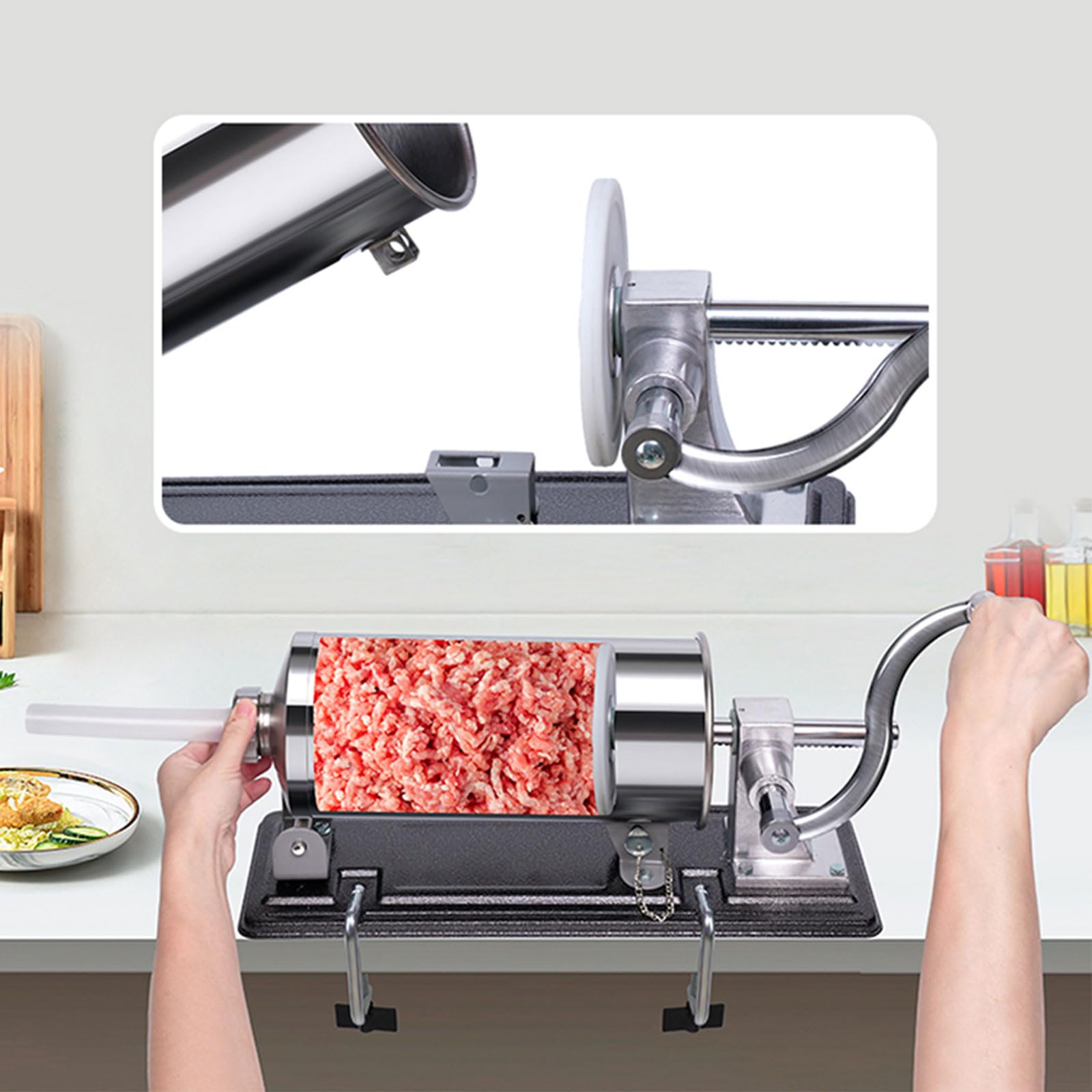 3 L Wurstfüller Manuell, Edelstahl Wurstmaschine mit 8 Füllschläuchen, Horizontale Fleischfüllmaschine für den Privaten und Gewerblichen Gebrauch