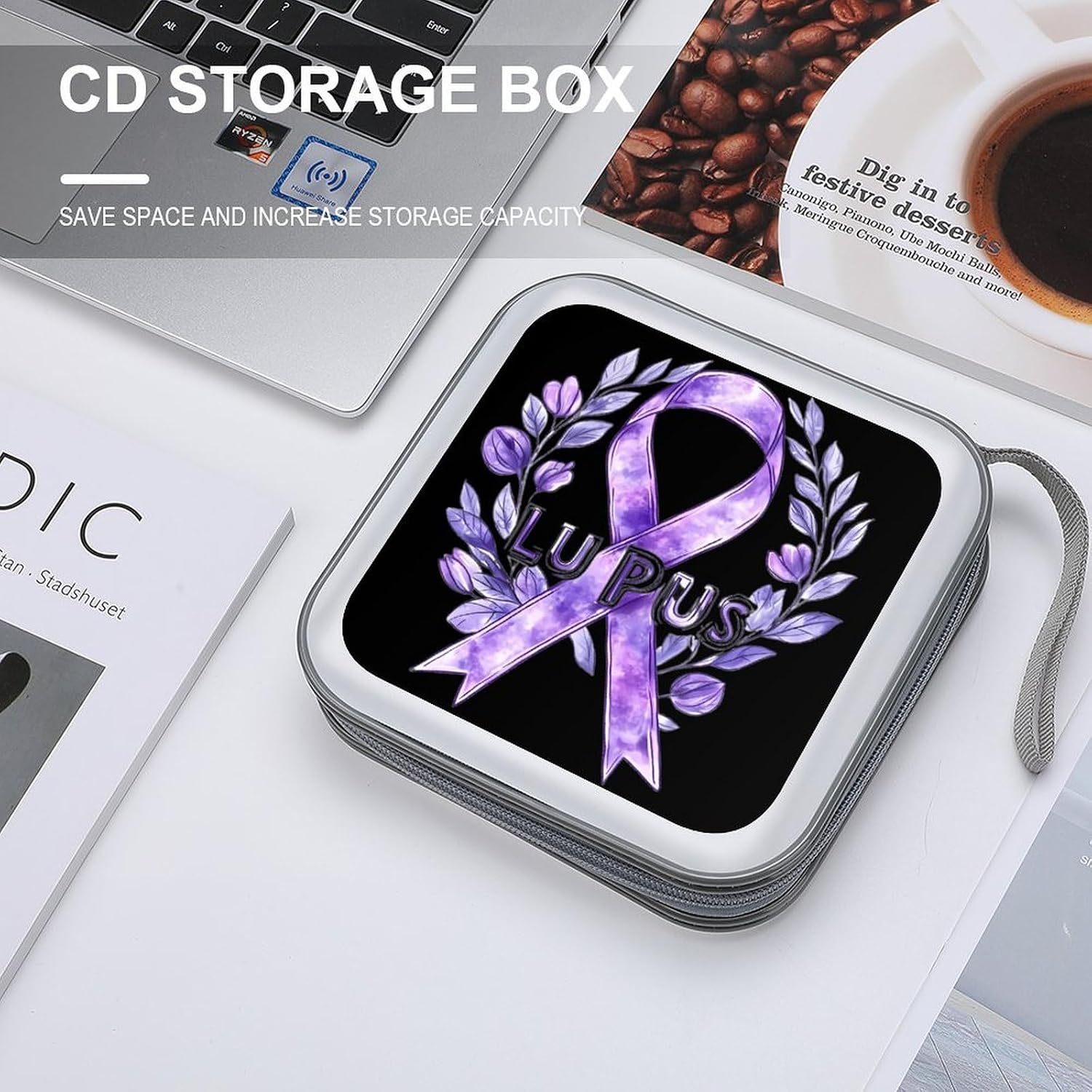 Lupus Fight Cancer Ribbon CD Case DVD Storage Holder Binder 40 Capacity | protective,hard case,protable loop,travel car use,zippered closure