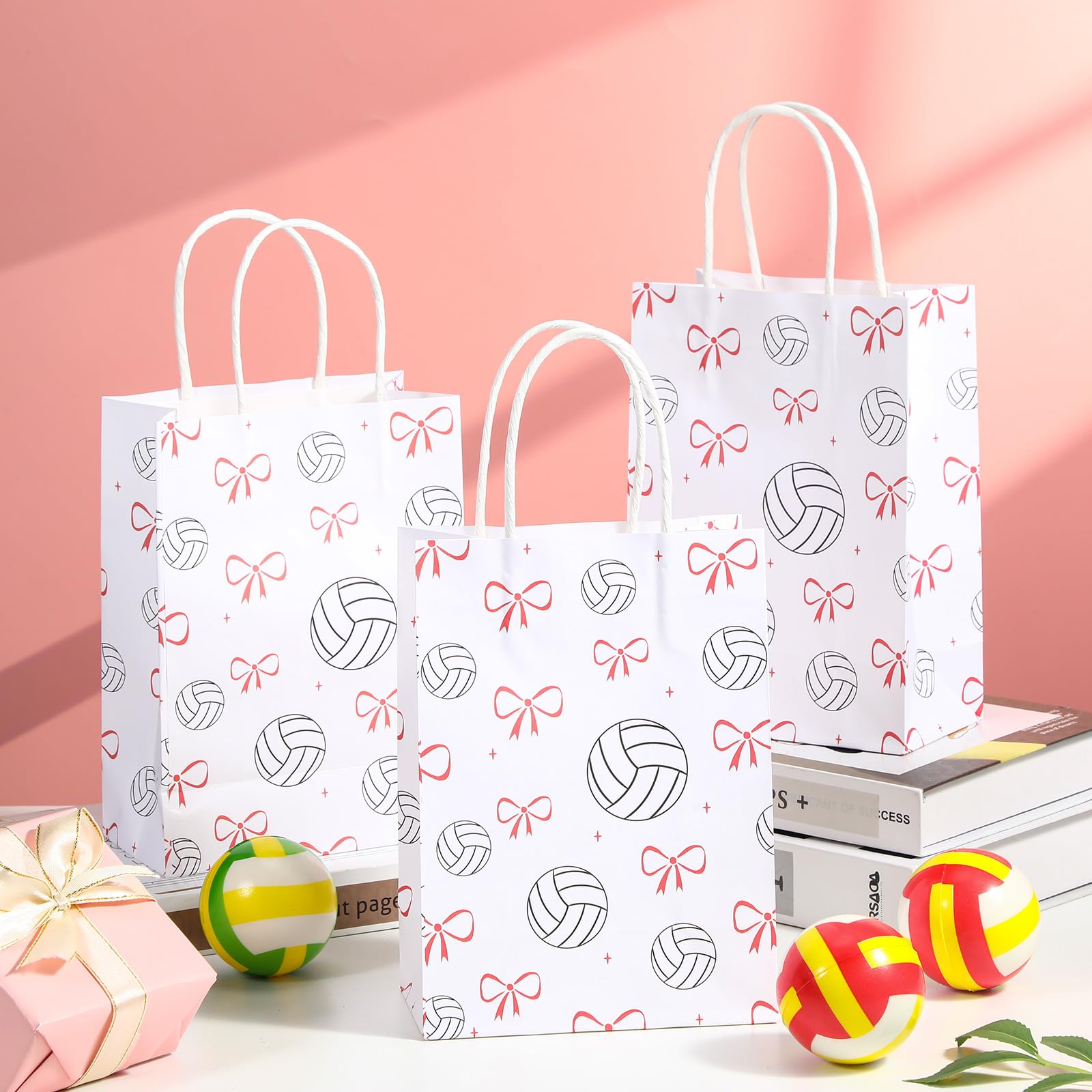 Spiareal 24 Pcs Volleyball Paper Gift Bags with Handles, Volleyball Party Favors Snack Goodies Pink Bow Bags for Team Sport Birthday Themed Party for Decorations, Game Celebration