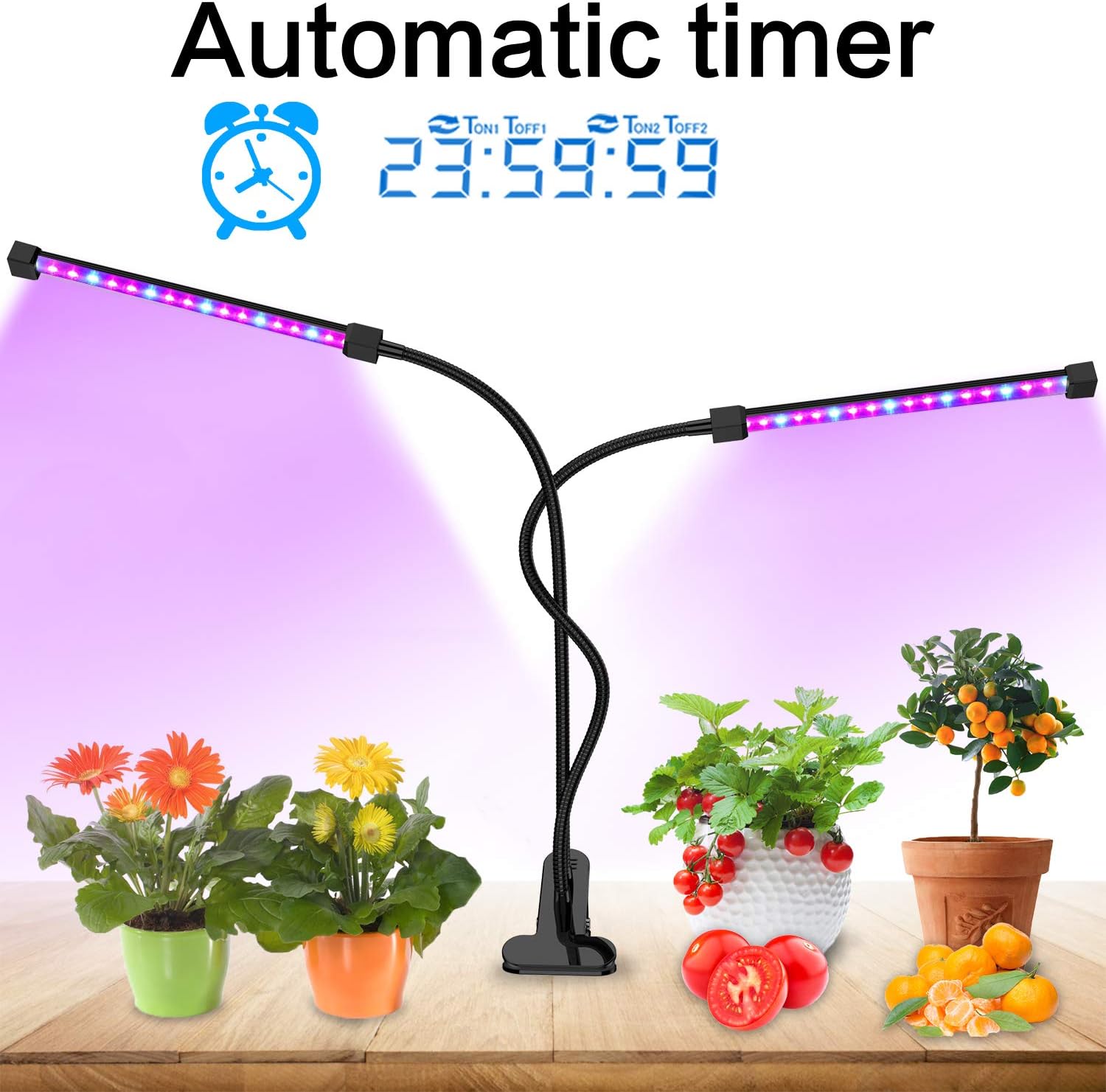 Grow Light [Auto Turn on/Off] 40 LED Dual Head Plant Grow Light with Red/Blue Spectrum, Adjustable Gooseneck, 5 Dimmable Levels, for Indoor Plants Hydroponics Greenhouse