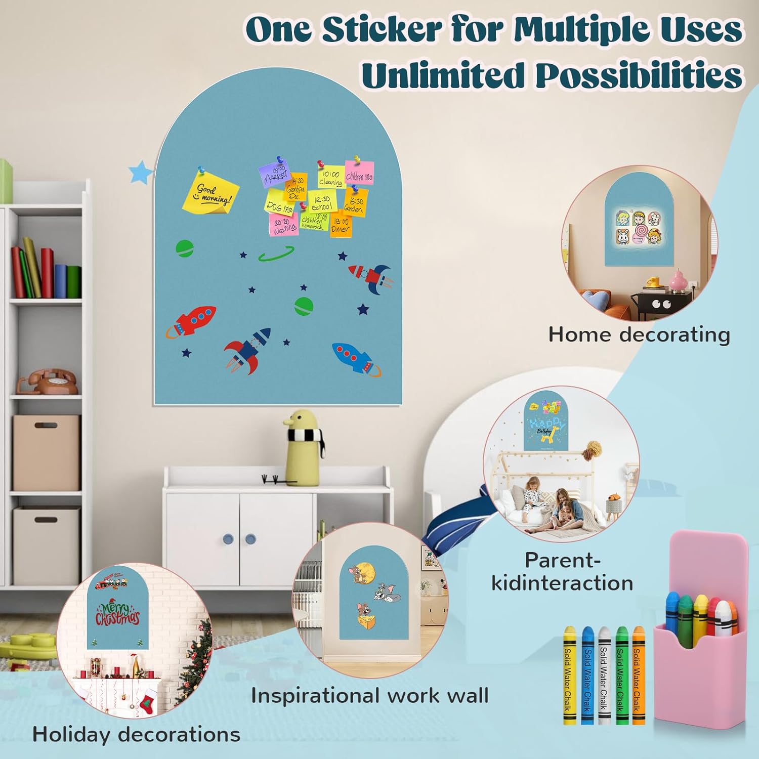 Magnetic Wall Decal for Kids, 40"x32" Magnetic Arch Chalkboard for Wall, Self Adhesive Wall Sticker Board, Peel and Stick Magnet Drawing Board for Playroom, Home, School Learning & Decor - Blue