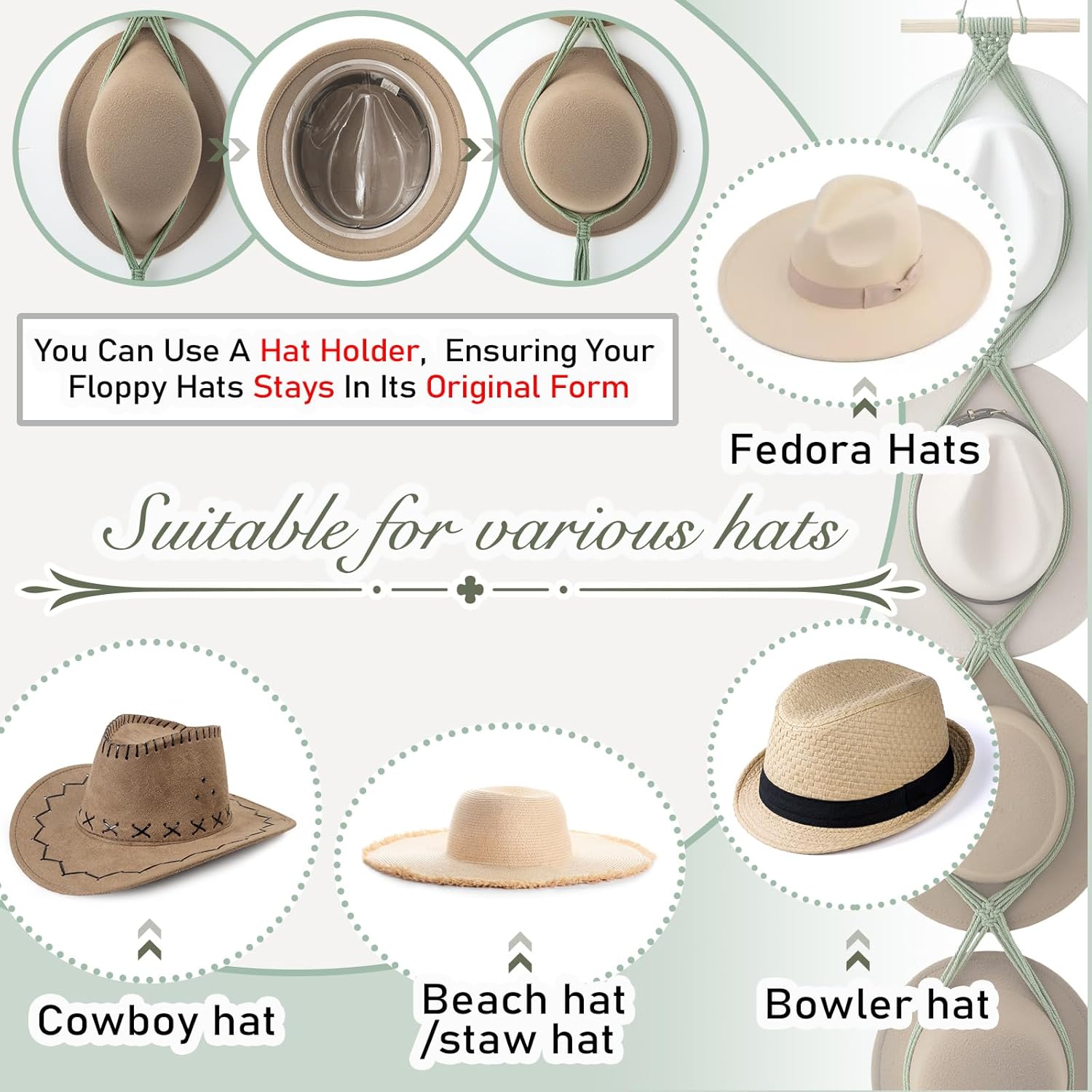 Yulejo Macrame Hat Hangers Boho Hat Rack Cowboy Hat Hanger Back of Door Hat Organizer (Sage Green,Four Hats Style) thumbnail