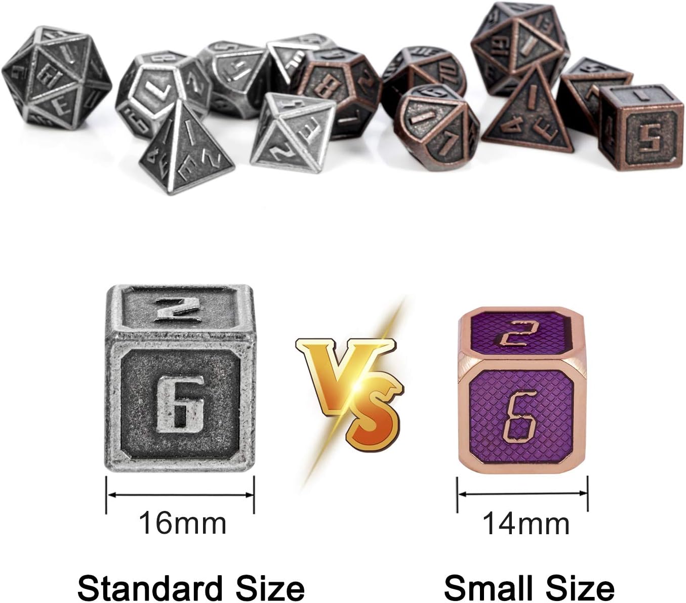 16mm Metal Dice Set D&D, 2 Pack-Antique Iron & Antique Copper DND Metal Dice of D4 D6 D8 D10 D% D12 D20 for Playing Tabletop Roleplay Games Dungeons