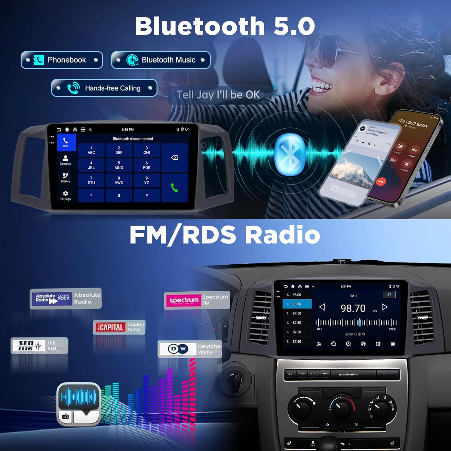 [4+128G] Android Radio for Jeep Grand Cherokee 2004-2007: 10.1 inch IPS Incell Touchscreen Upgrade Stereo - Wireless Carplay and Android Auto, 5G/WiFi, GPS, EQ, Bluetooth 5.0 + Backup Camera