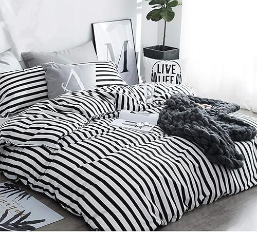 Miniatura 5 de Juego de edredón a rayas blancas y negras, juego de cama para mujer, suave y duradero, edredón de calidad hotelera, juego de cama para niñas y