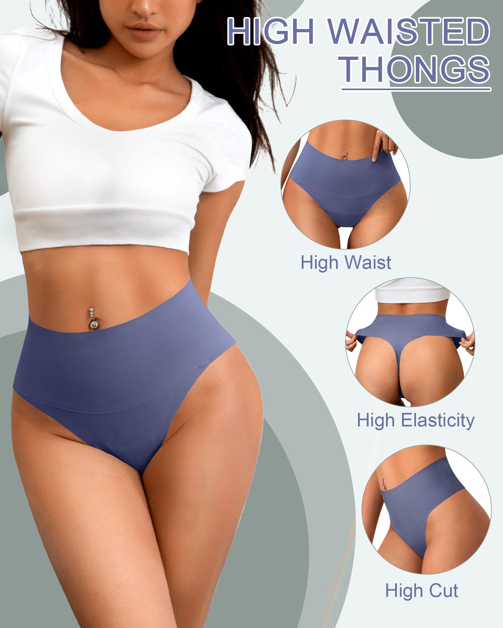 Lot de 6 strings taille haute pour femme sans couture - Culotte invisible - Doux sans étiquette - Coupe haute