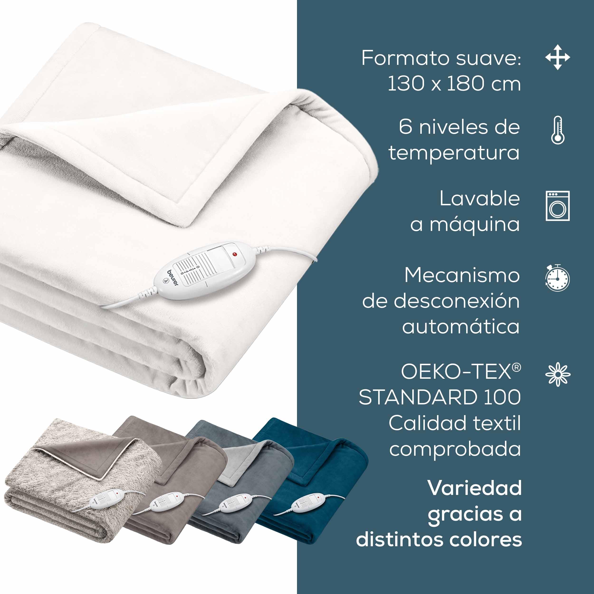 Beurer HD 75 manta eléctrica, manta de peluche de material polar, 6 ajustes de temperatura con un sistema de seguridad y desconexion automatica, lavable a máquina, blanca, 180 x 130 cm